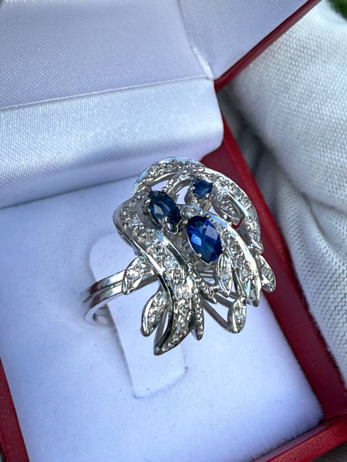 Antique French Art Deco Sapphire & Diamond 18K White Gold Ring | Circa 1920 | Hallmarked | Size 7