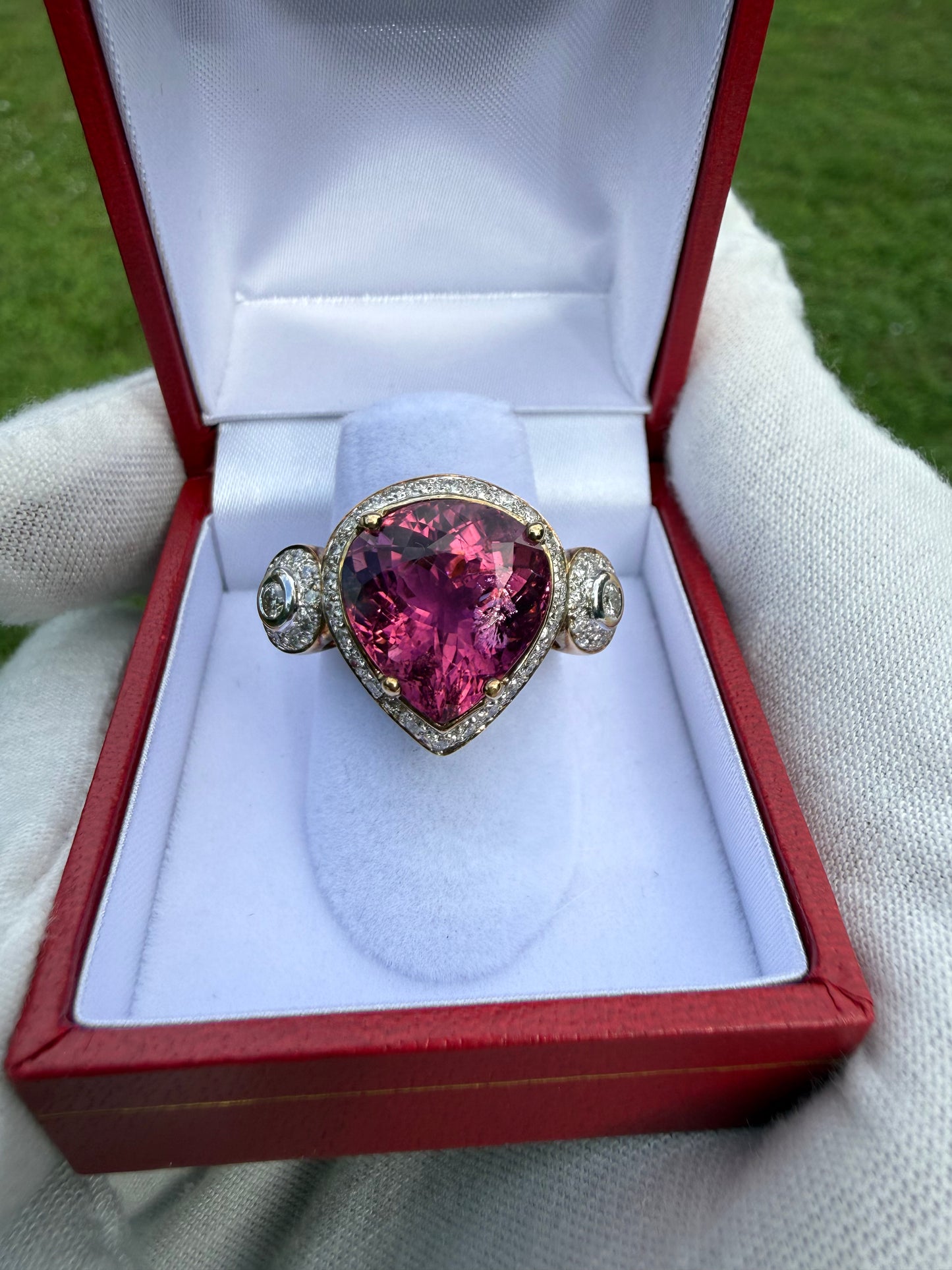 Natural Rubellite Tourmaline & Diamond 18K Gold Ring | Size 6.5 | 12.90 CT Rubellite | 0.68 CT Diamonds