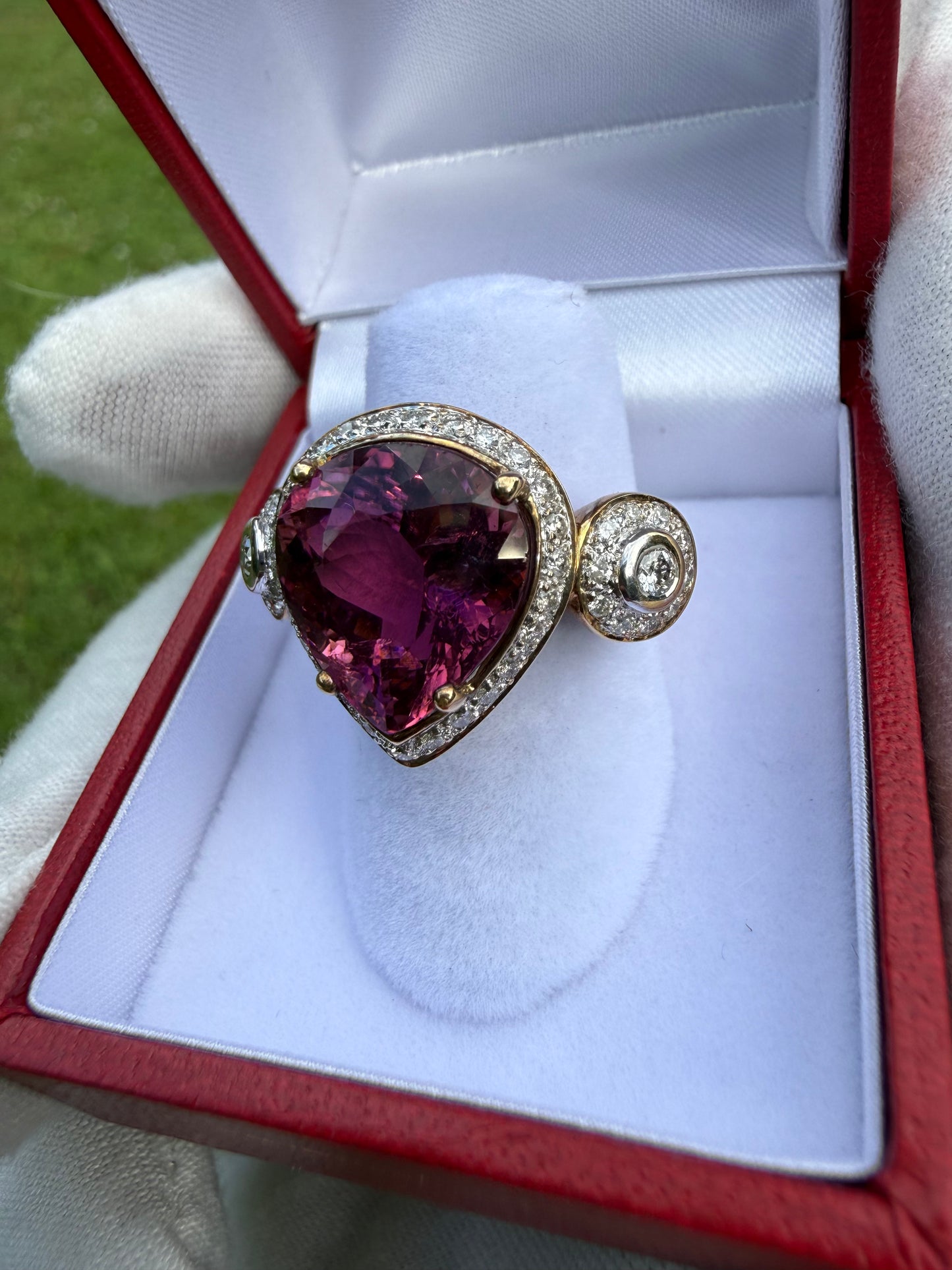 Natural Rubellite Tourmaline & Diamond 18K Gold Ring | Size 6.5 | 12.90 CT Rubellite | 0.68 CT Diamonds