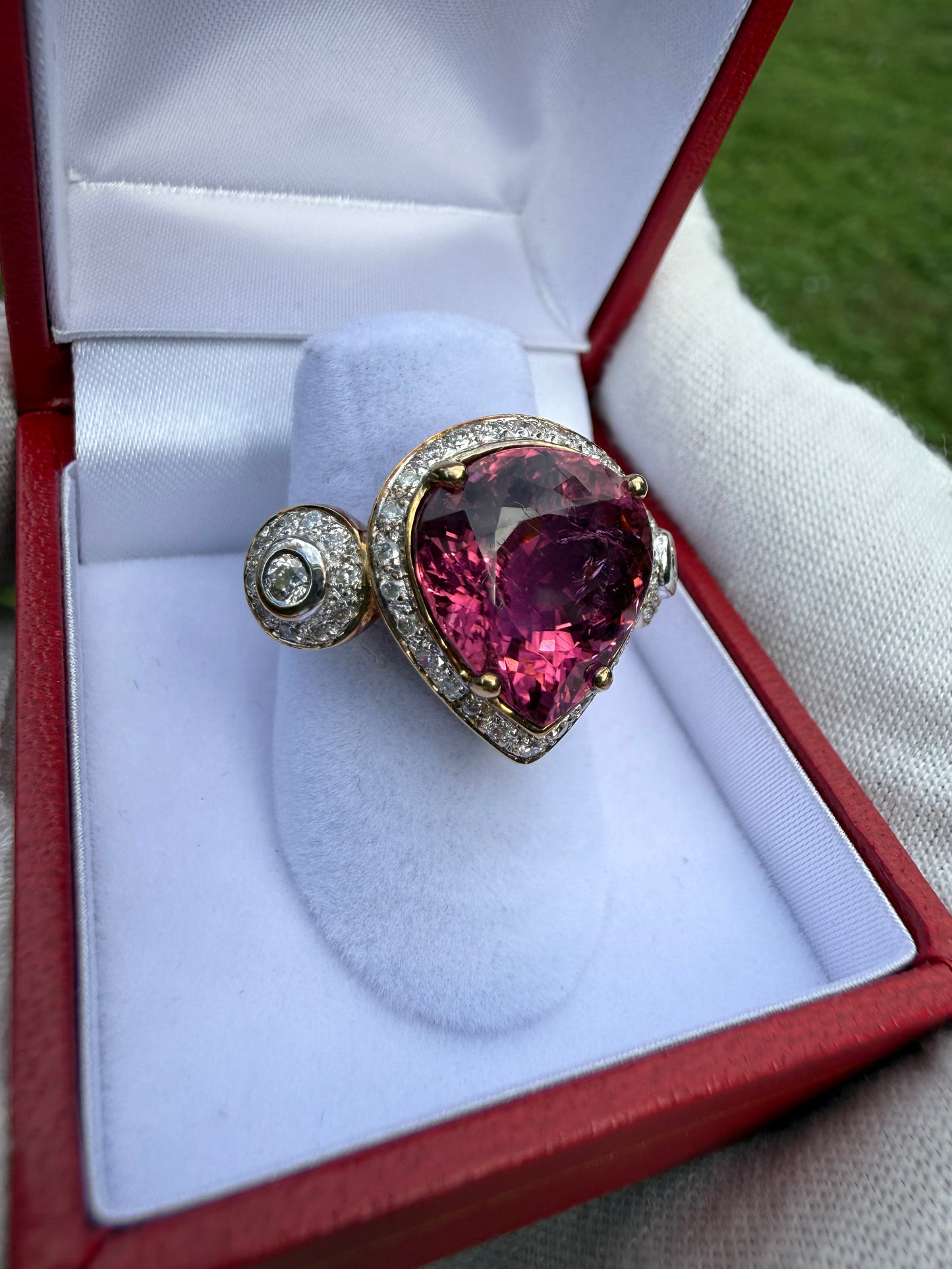 Natural Rubellite Tourmaline & Diamond 18K Gold Ring | Size 6.5 | 12.90 CT Rubellite | 0.68 CT Diamonds