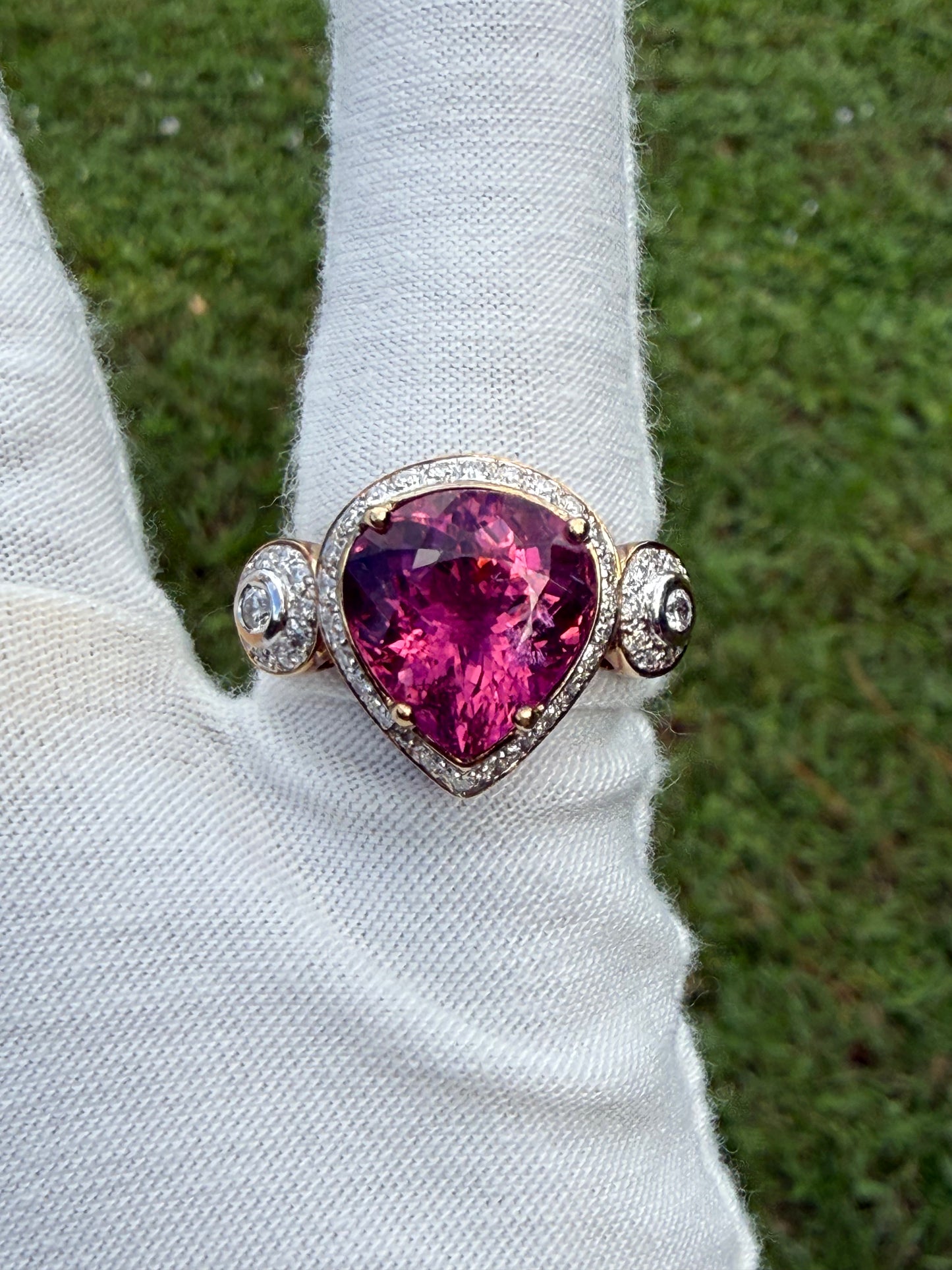 Natural Rubellite Tourmaline & Diamond 18K Gold Ring | Size 6.5 | 12.90 CT Rubellite | 0.68 CT Diamonds
