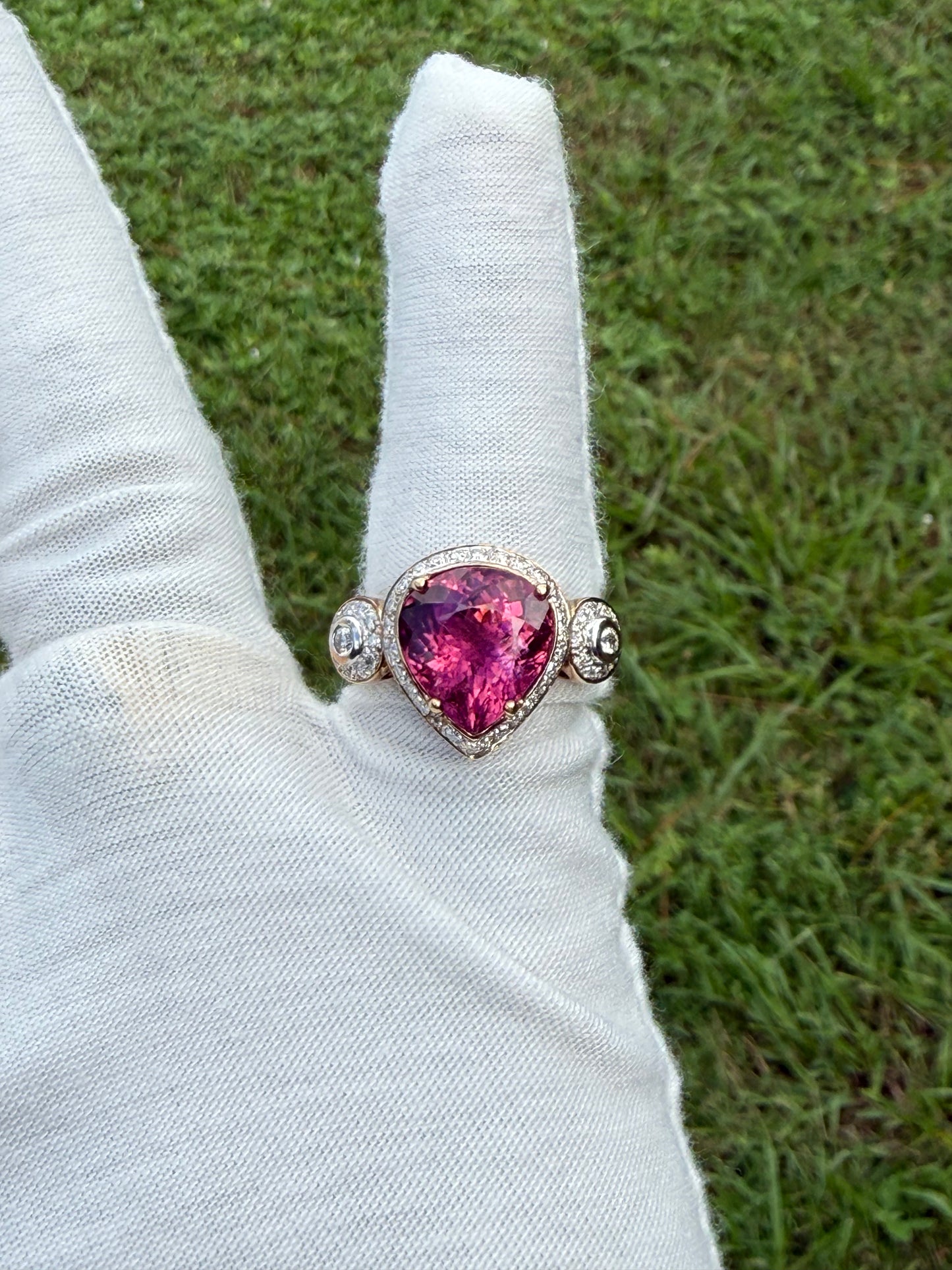 Natural Rubellite Tourmaline & Diamond 18K Gold Ring | Size 6.5 | 12.90 CT Rubellite | 0.68 CT Diamonds