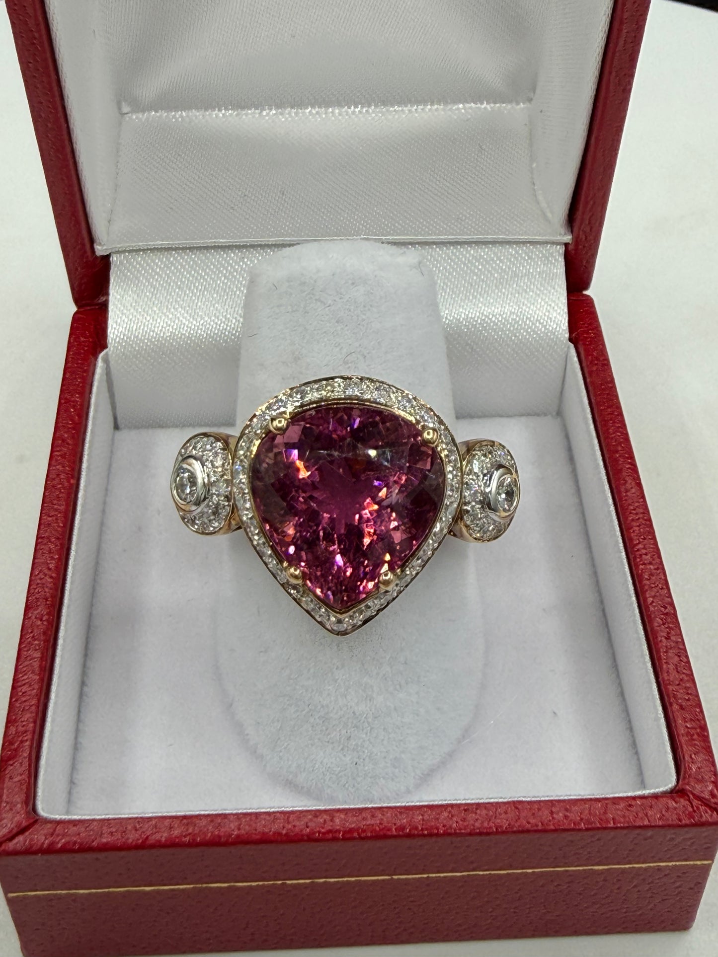Natural Rubellite Tourmaline & Diamond 18K Gold Ring | Size 6.5 | 12.90 CT Rubellite | 0.68 CT Diamonds