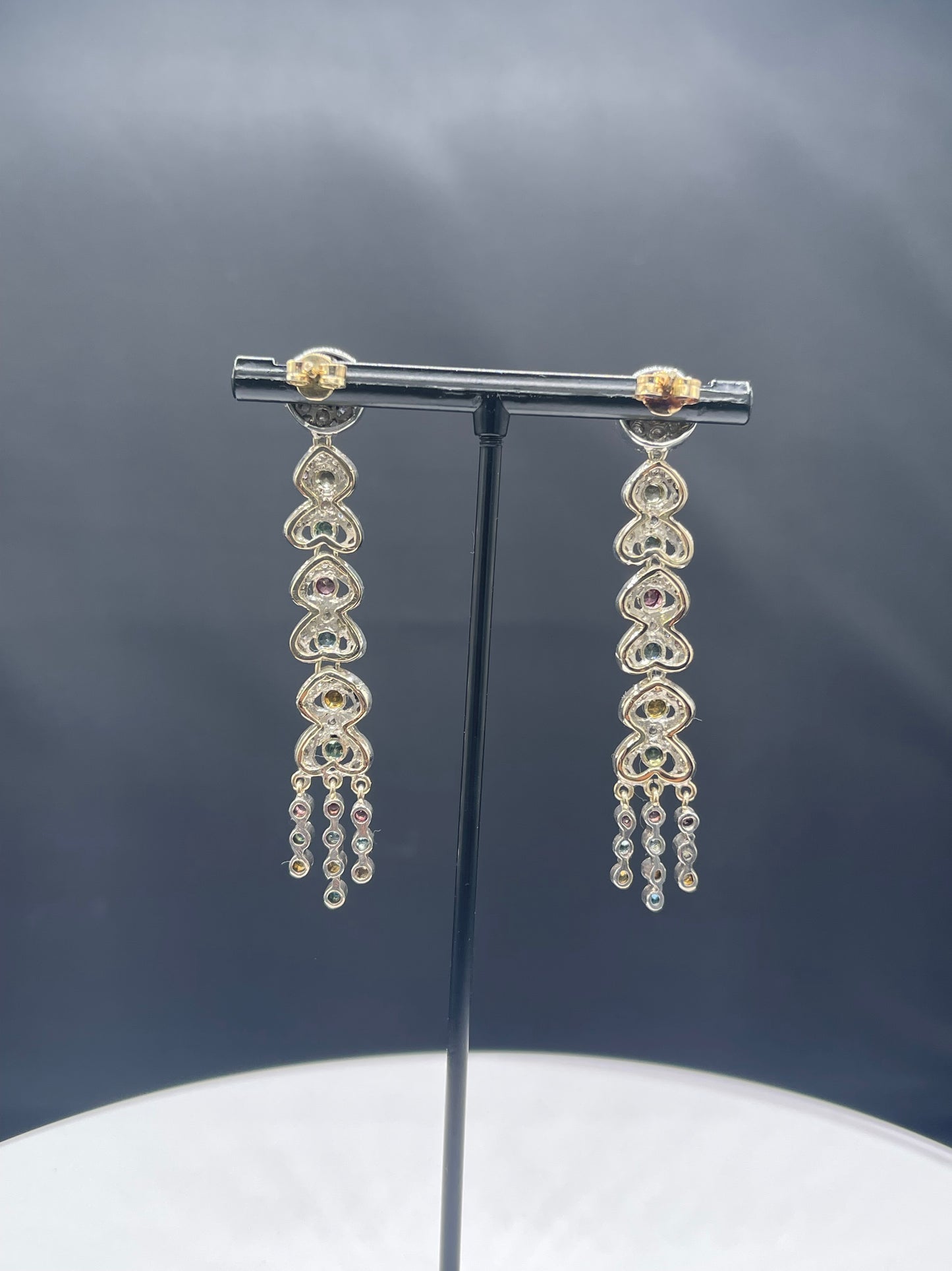 Antique Victorian Multi-Color Sapphire & Diamond Dangle Earrings 18k Yellow Gold + Sterling Silver