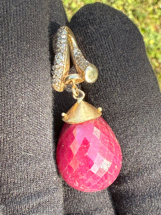 Natural 82 Carat Ruby Briolette & Diamond 14k Gold Pendant