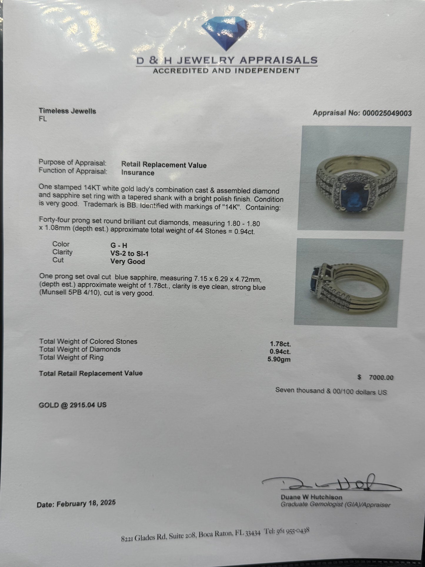 Natural Blue Sapphire & Diamond 14k White Gold Ring – 1.78ct Sapphire, 0.94ct Diamonds, Size 6