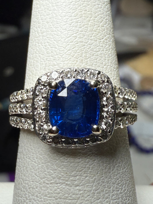 Natural Blue Sapphire & Diamond 14k White Gold Ring – 1.78ct Sapphire, 0.94ct Diamonds, Size 6