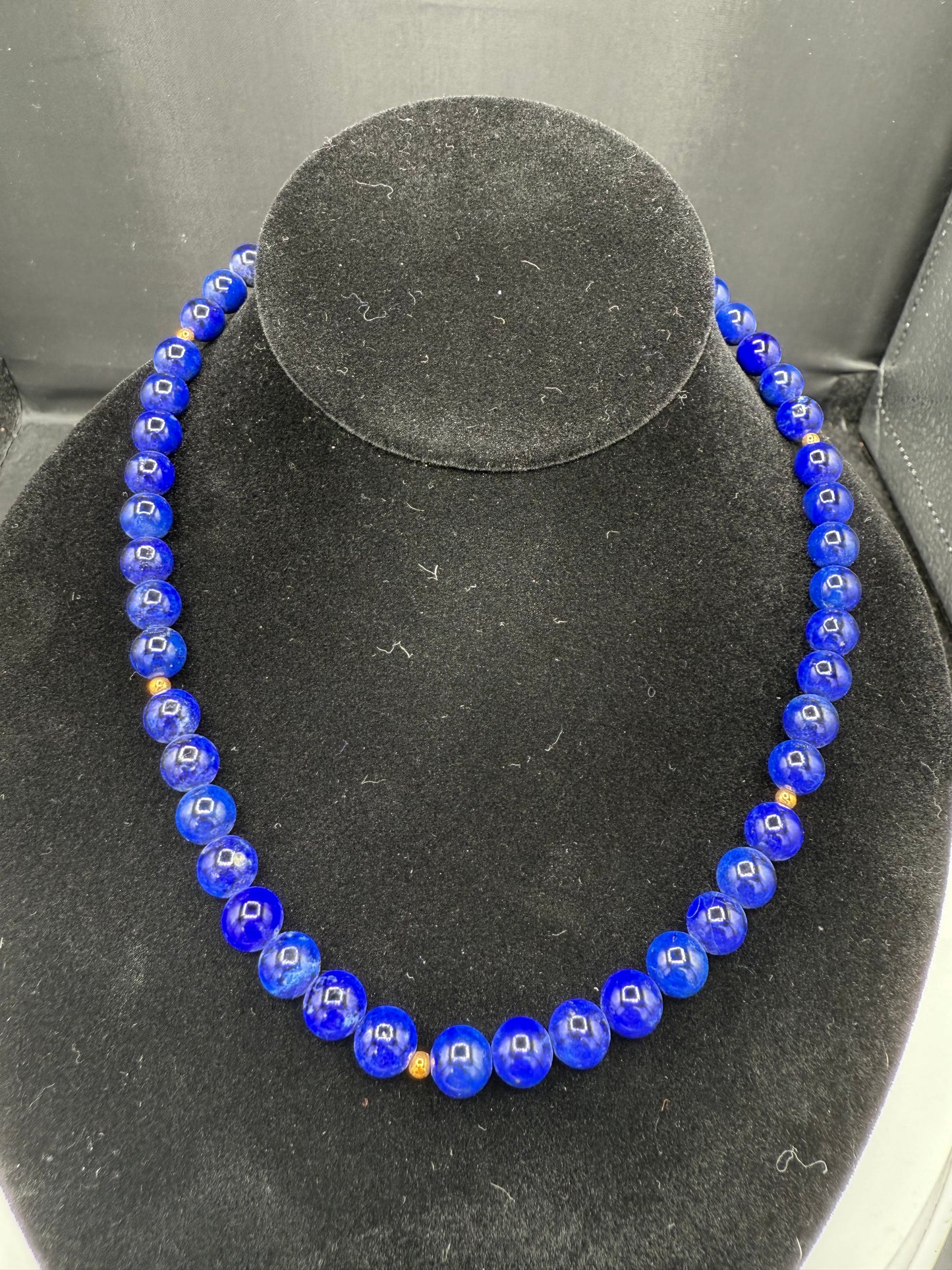 Natural Lapis Lazuli & 18K Yellow Gold Beaded Necklace – Handmade 17.25” Elegant Gemstone Jewelry