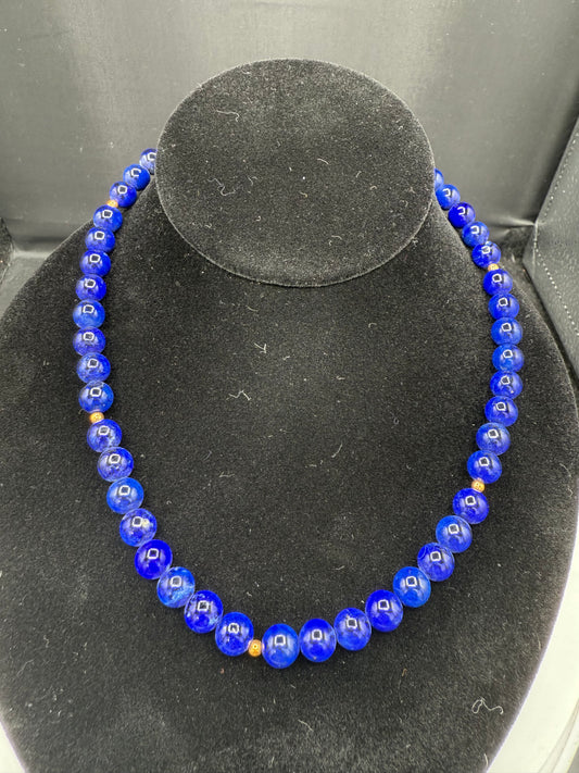 Natural Lapis Lazuli & 18K Yellow Gold Beaded Necklace – Handmade 17.25” Elegant Gemstone Jewelry