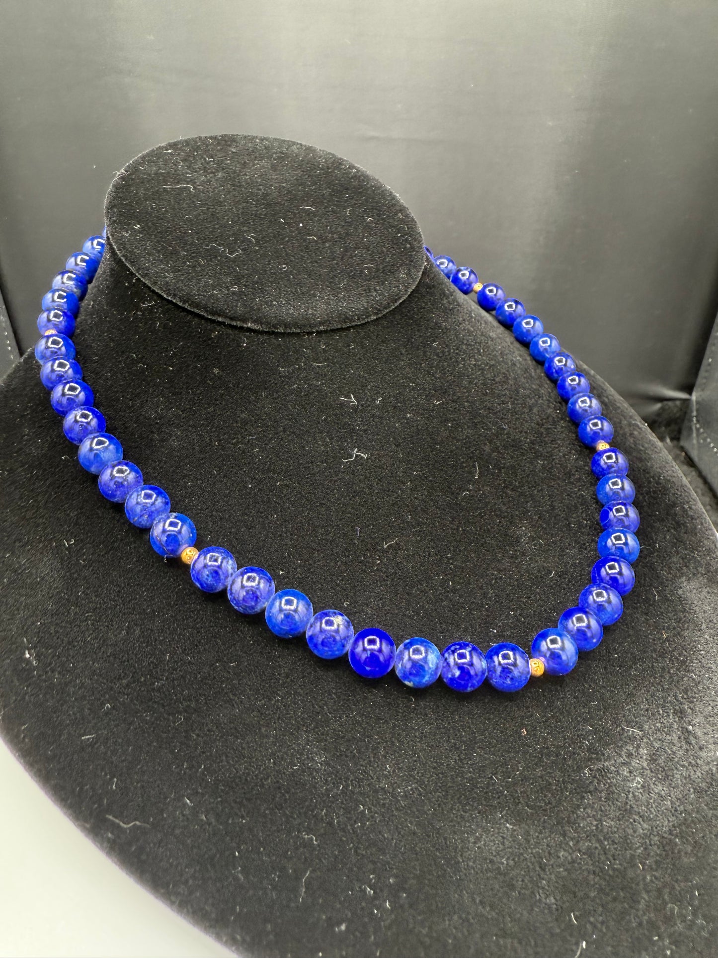 Natural Lapis Lazuli & 18K Yellow Gold Beaded Necklace – Handmade 17.25” Elegant Gemstone Jewelry