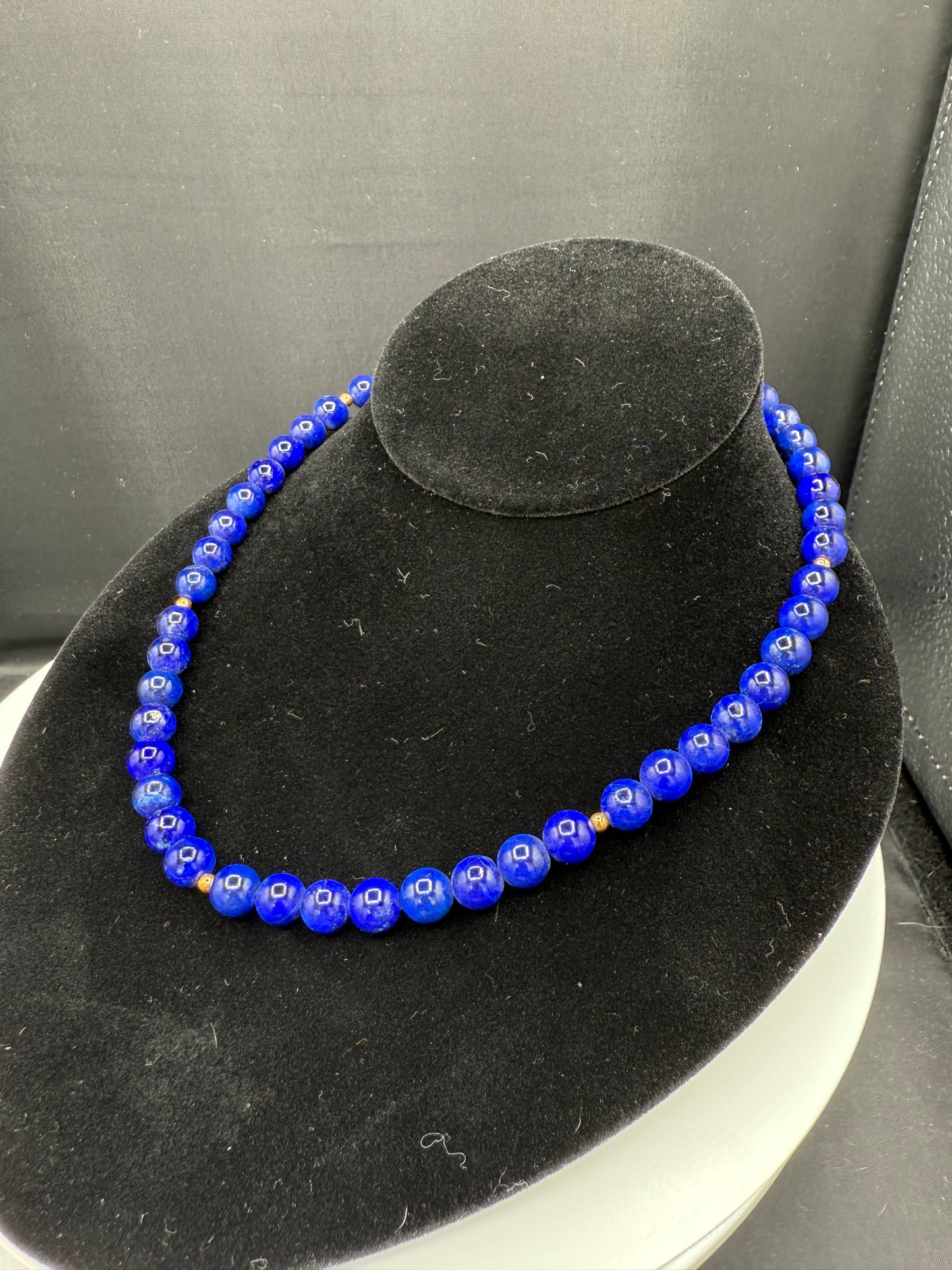 Natural Lapis Lazuli & 18K Yellow Gold Beaded Necklace – Handmade 17.25” Elegant Gemstone Jewelry