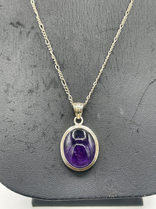Natural Amethyst Sterling Silver Pendant Necklace - 1.36” Oval Pendant, 18” Figaro Chain