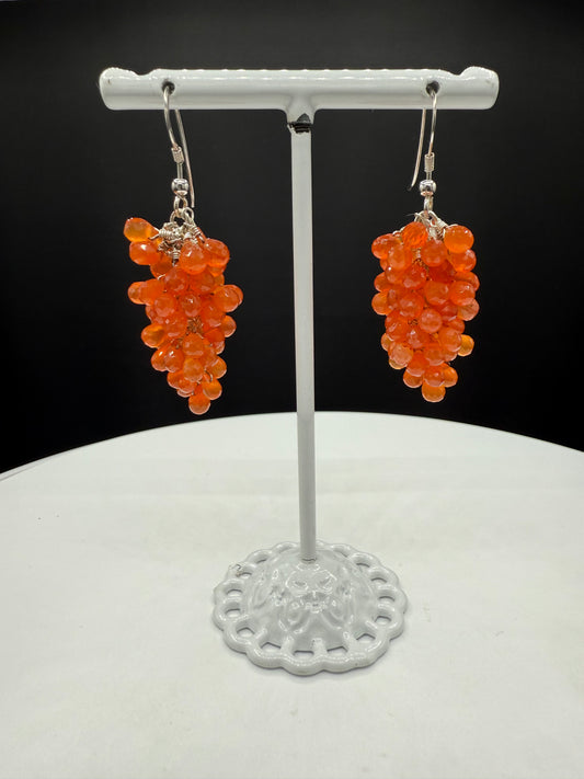 Natural Carnelian Briolette Sterling Silver Grape Cluster Dangle Earrings