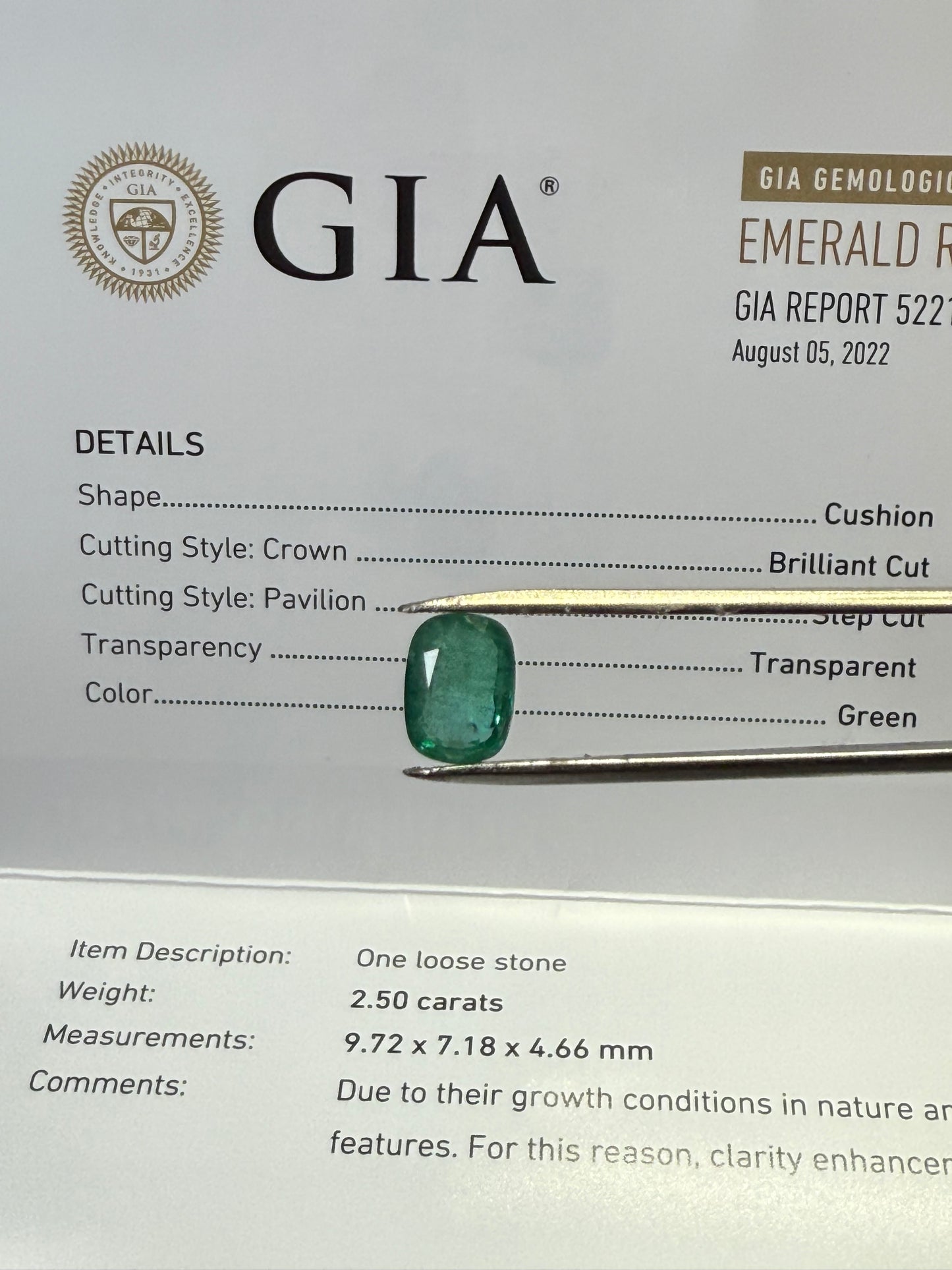 GIA Certified 2.50 Carat Natural Emerald Cushion Cut - Transparent Green Loose Gemstone
