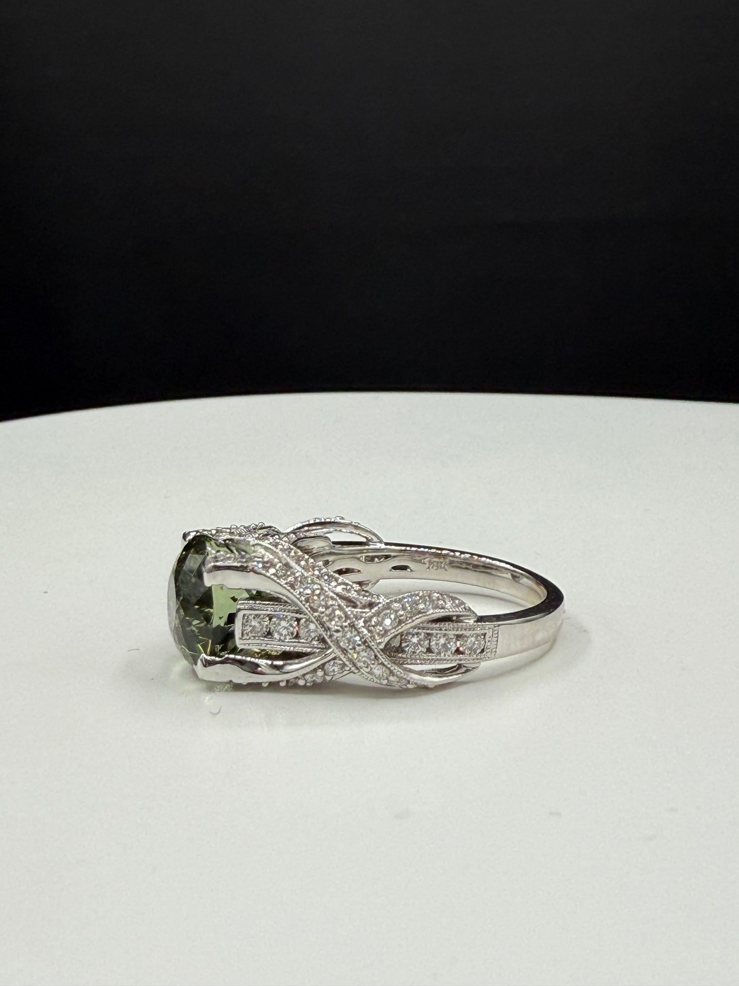 Natural Green Tourmaline Portuguese Cut & Diamond Ring in 18k White Gold (Size 6.75)