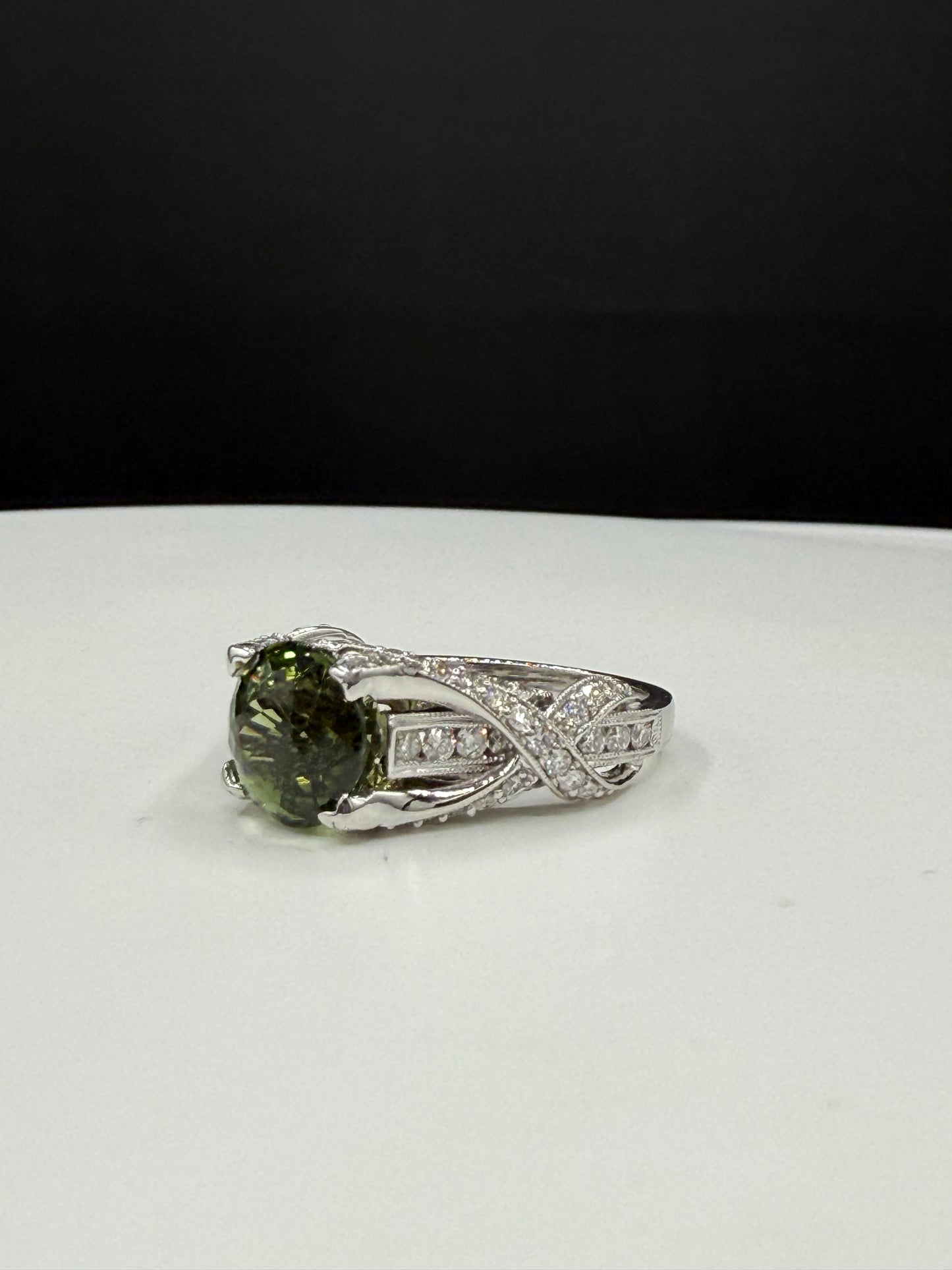 Natural Green Tourmaline Portuguese Cut & Diamond Ring in 18k White Gold (Size 6.75)