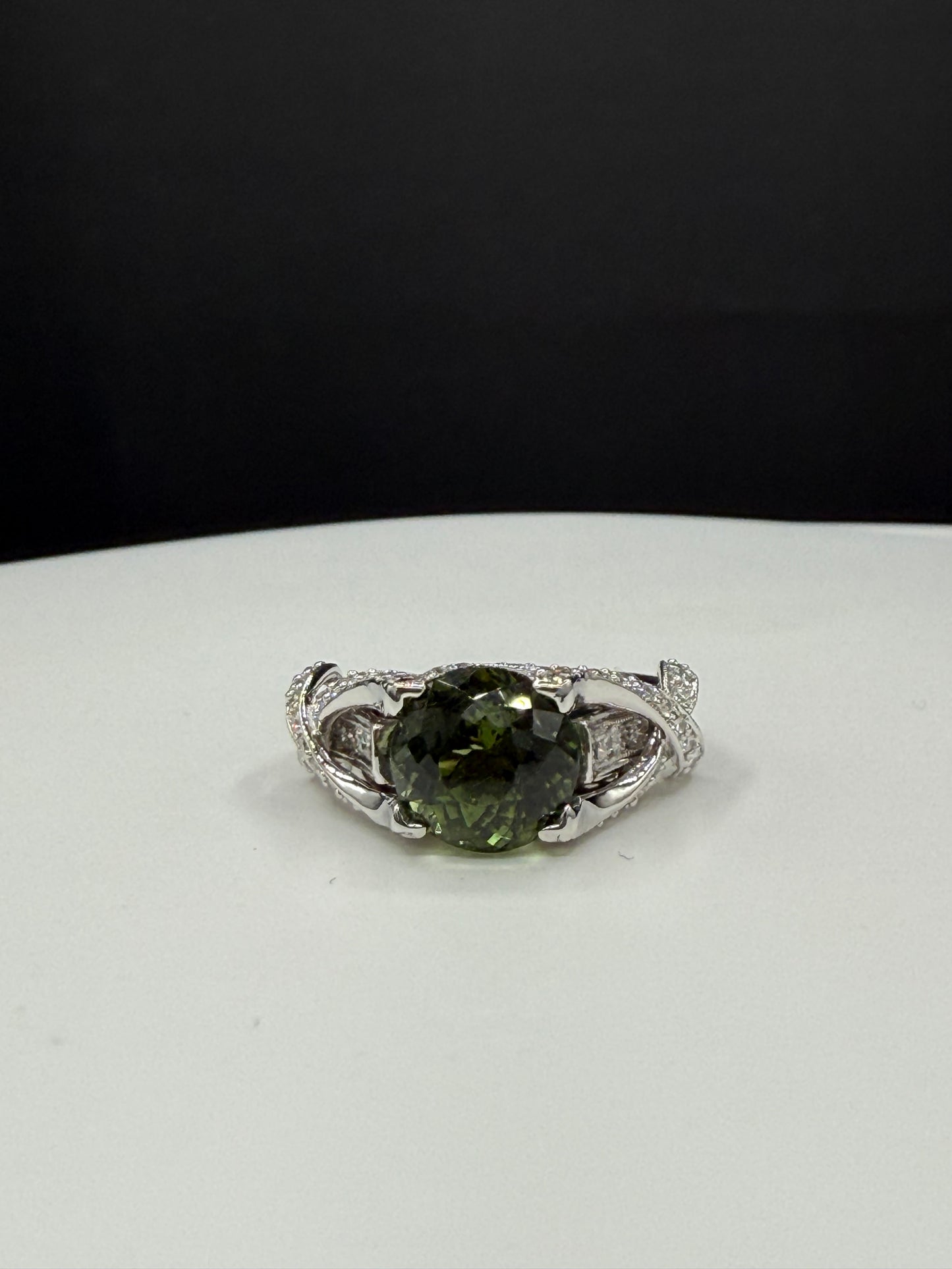 Natural Green Tourmaline Portuguese Cut & Diamond Ring in 18k White Gold (Size 6.75)