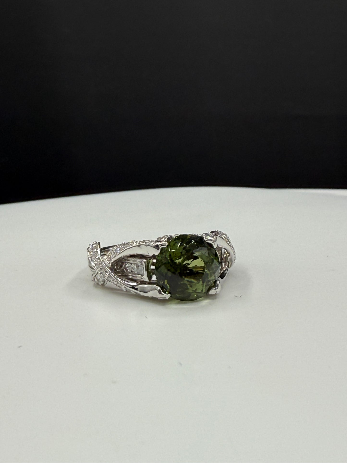Natural Green Tourmaline Portuguese Cut & Diamond Ring in 18k White Gold (Size 6.75)