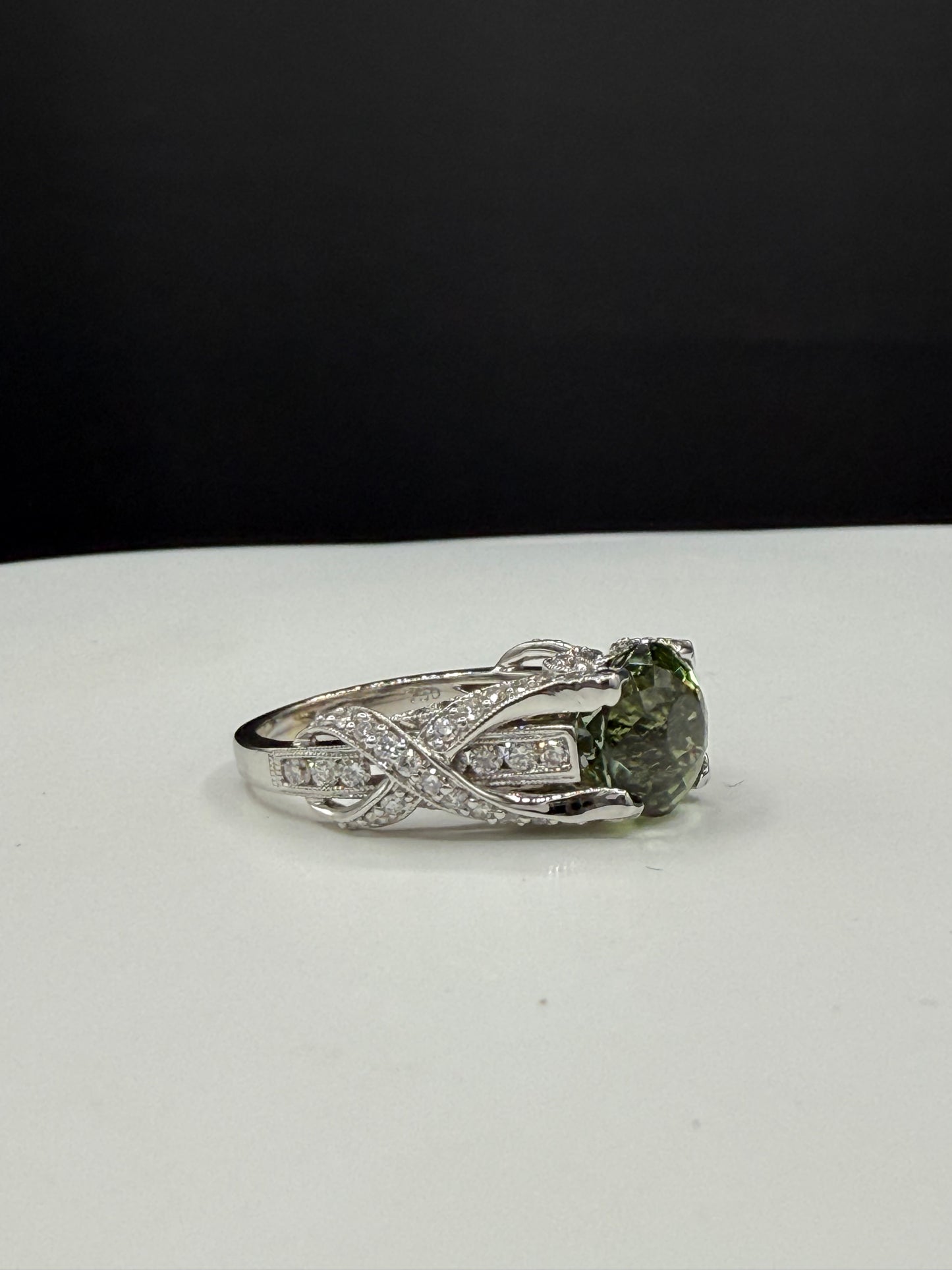Natural Green Tourmaline Portuguese Cut & Diamond Ring in 18k White Gold (Size 6.75)