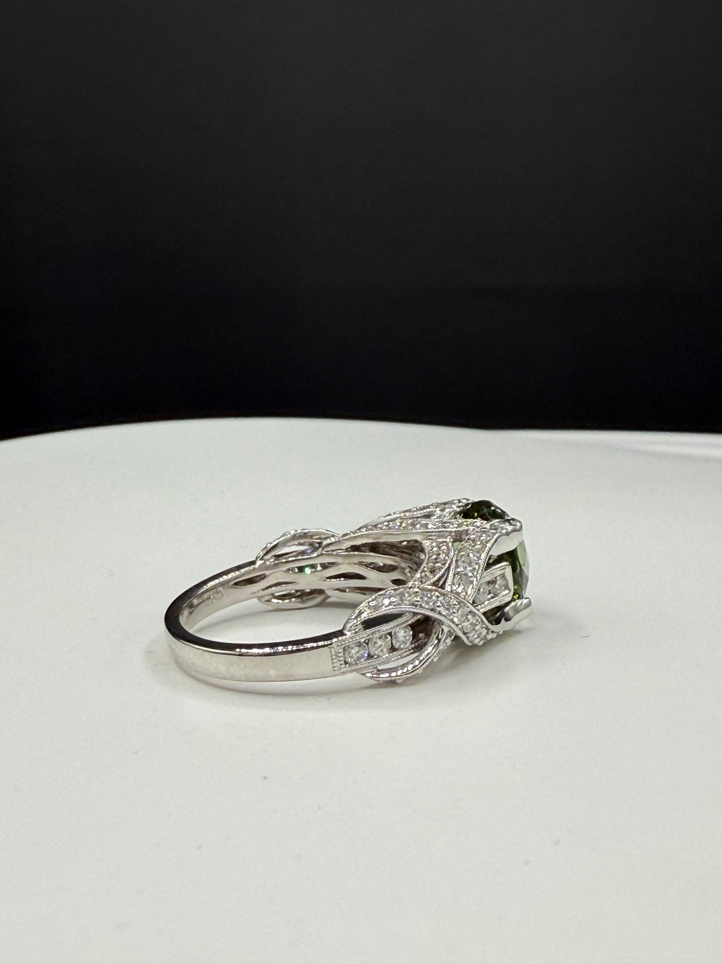 Natural Green Tourmaline Portuguese Cut & Diamond Ring in 18k White Gold (Size 6.75)
