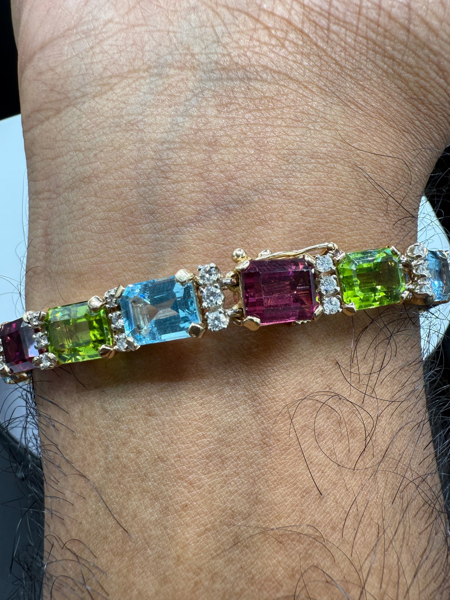 14K Gold Tourmaline Peridot Aquamarine Multi-Gemstone & Diamond Bracelet – 39.15ct