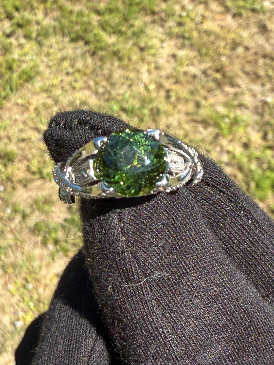Natural Green Tourmaline Portuguese Cut & Diamond Ring in 18k White Gold (Size 6.75)