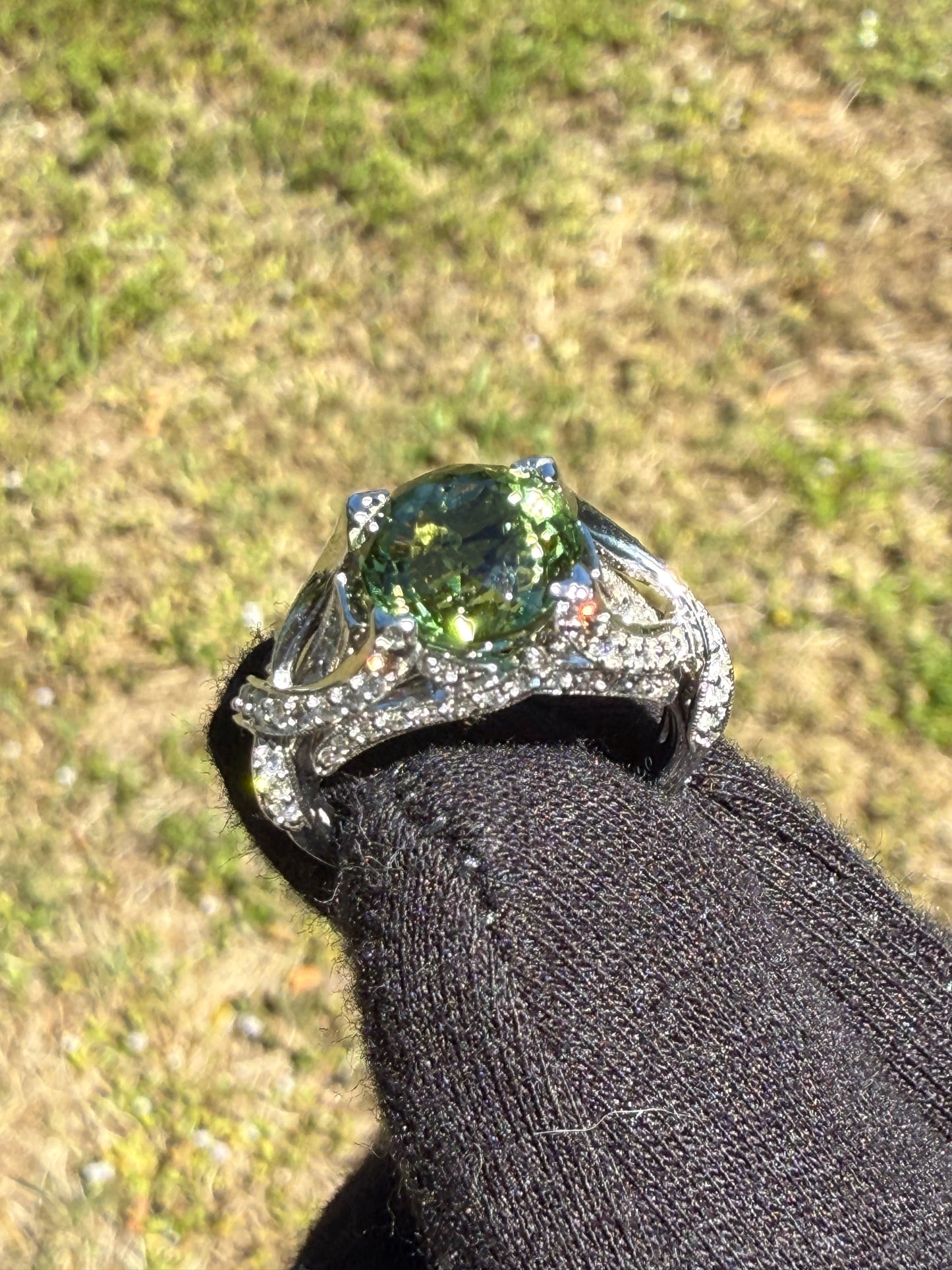 Natural Green Tourmaline Portuguese Cut & Diamond Ring in 18k White Gold (Size 6.75)