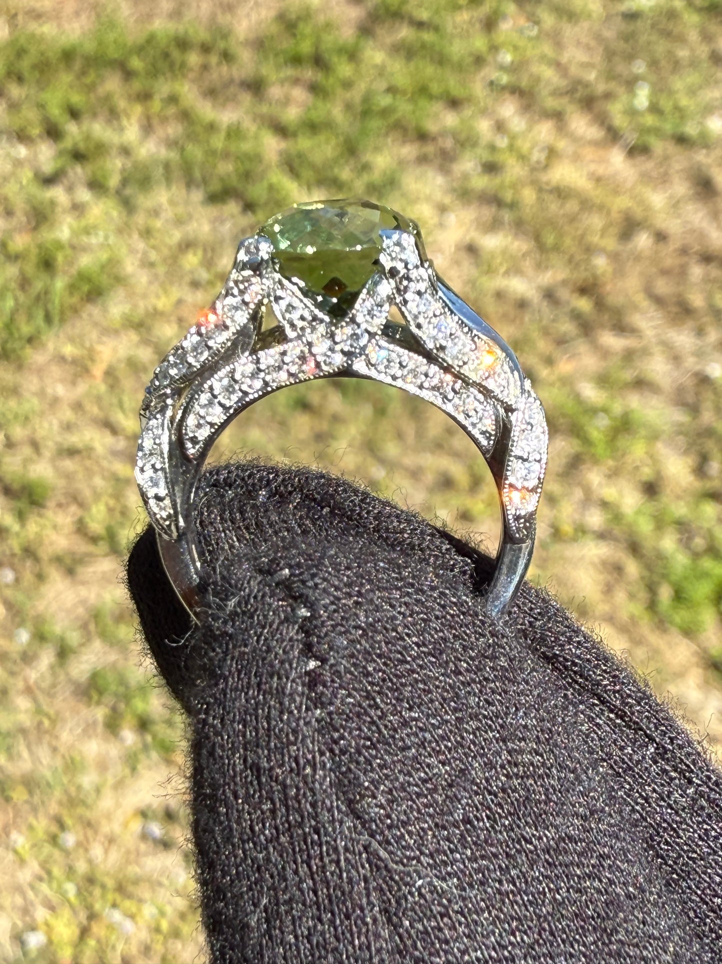 Natural Green Tourmaline Portuguese Cut & Diamond Ring in 18k White Gold (Size 6.75)