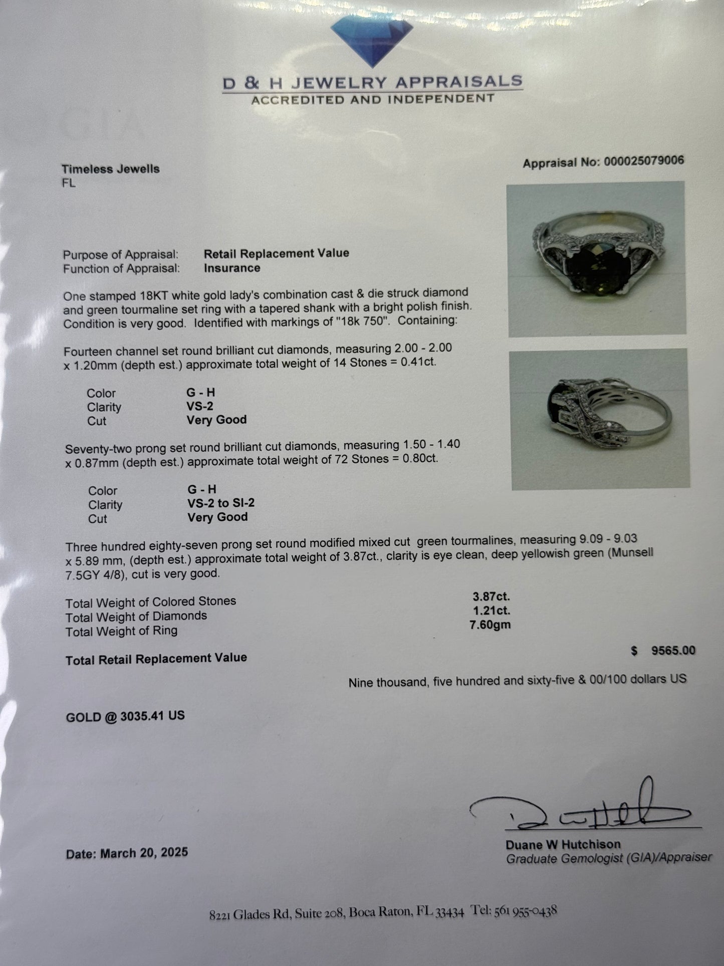 Natural Green Tourmaline Portuguese Cut & Diamond Ring in 18k White Gold (Size 6.75)