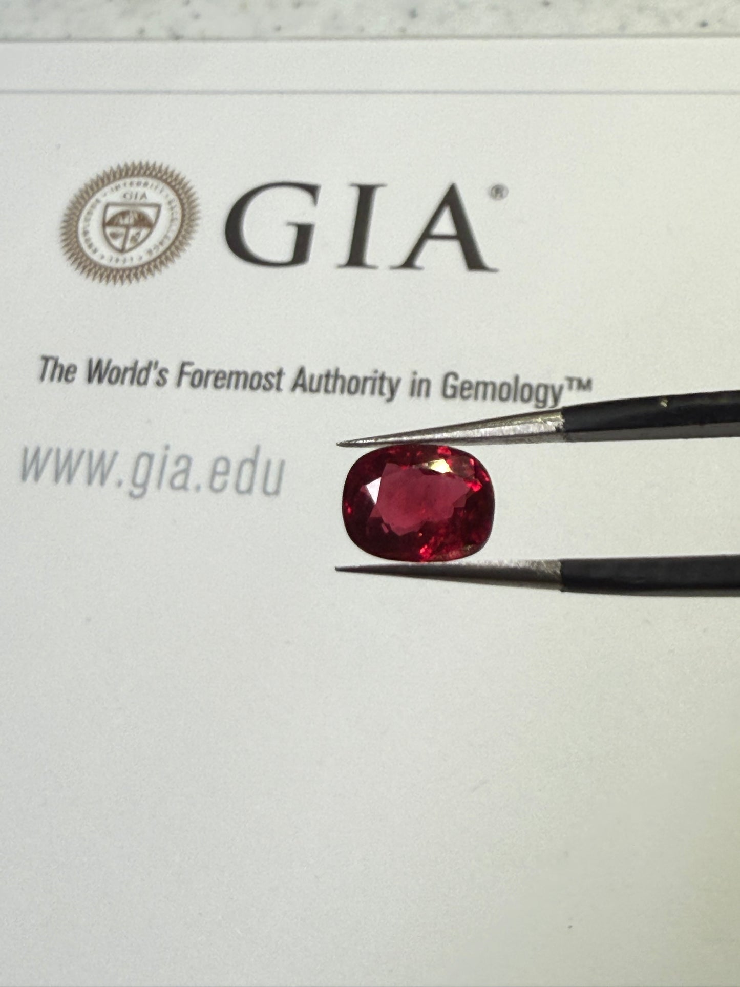 GIA Certified 1.38 Carat Natural Deep Red Cushion-Cut Ruby
