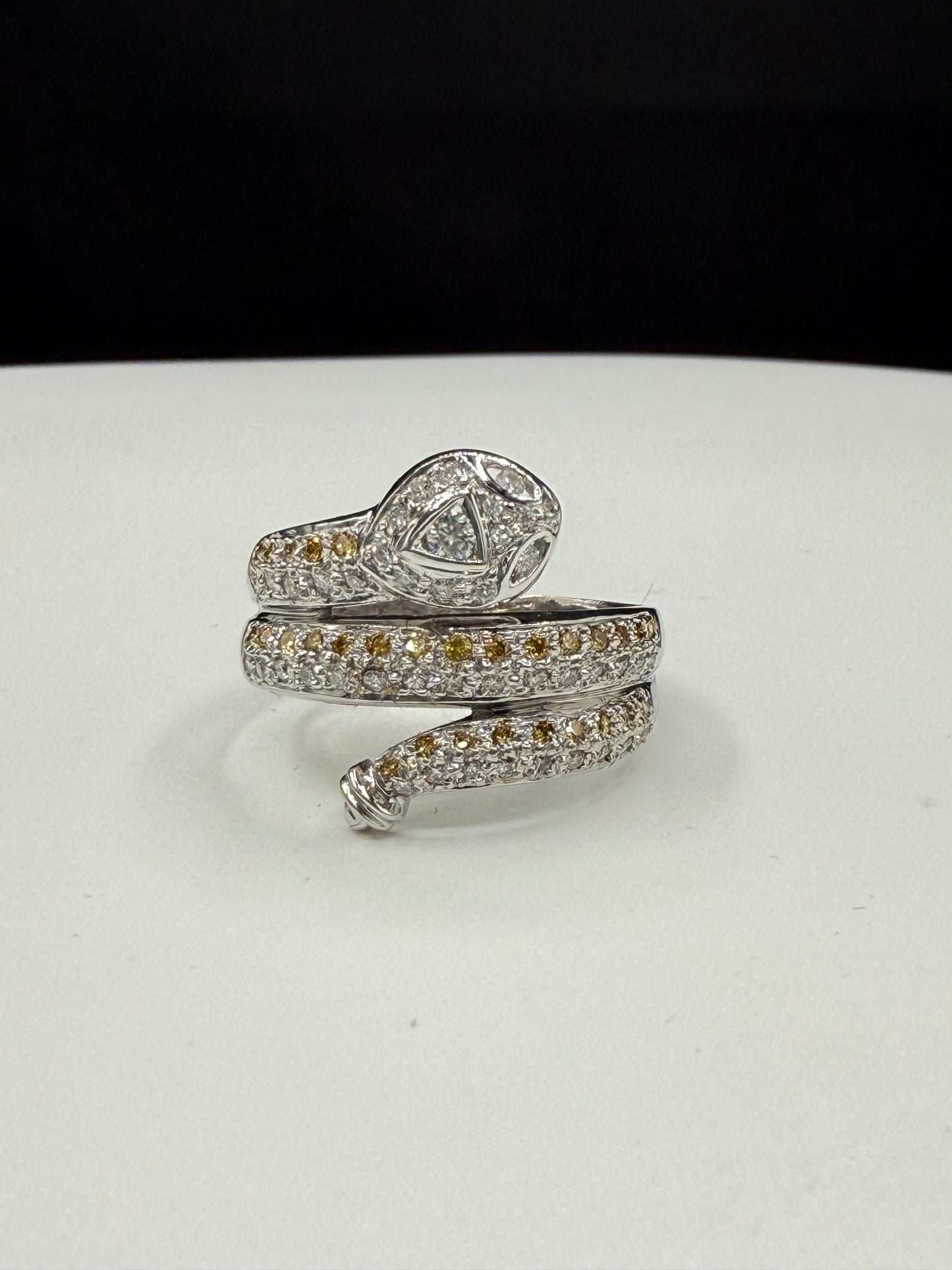 Vintage 18k White Gold Snake Ring | 0.50ct Yellow & White Diamond | Year of the Snake | Size 8
