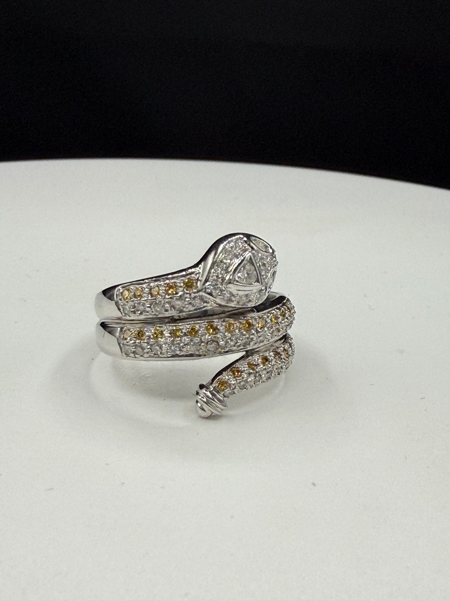 Vintage 18k White Gold Snake Ring | 0.50ct Yellow & White Diamond | Year of the Snake | Size 8