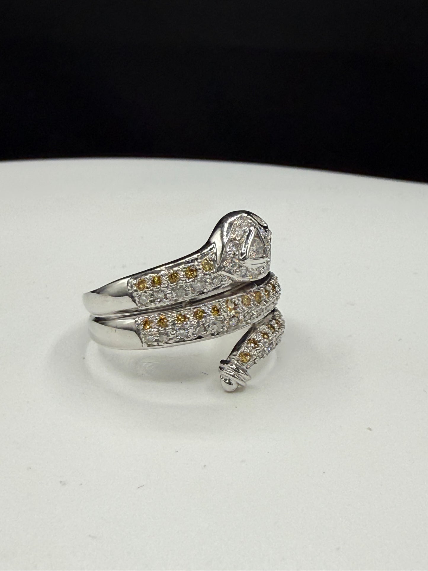 Vintage 18k White Gold Snake Ring | 0.50ct Yellow & White Diamond | Year of the Snake | Size 8