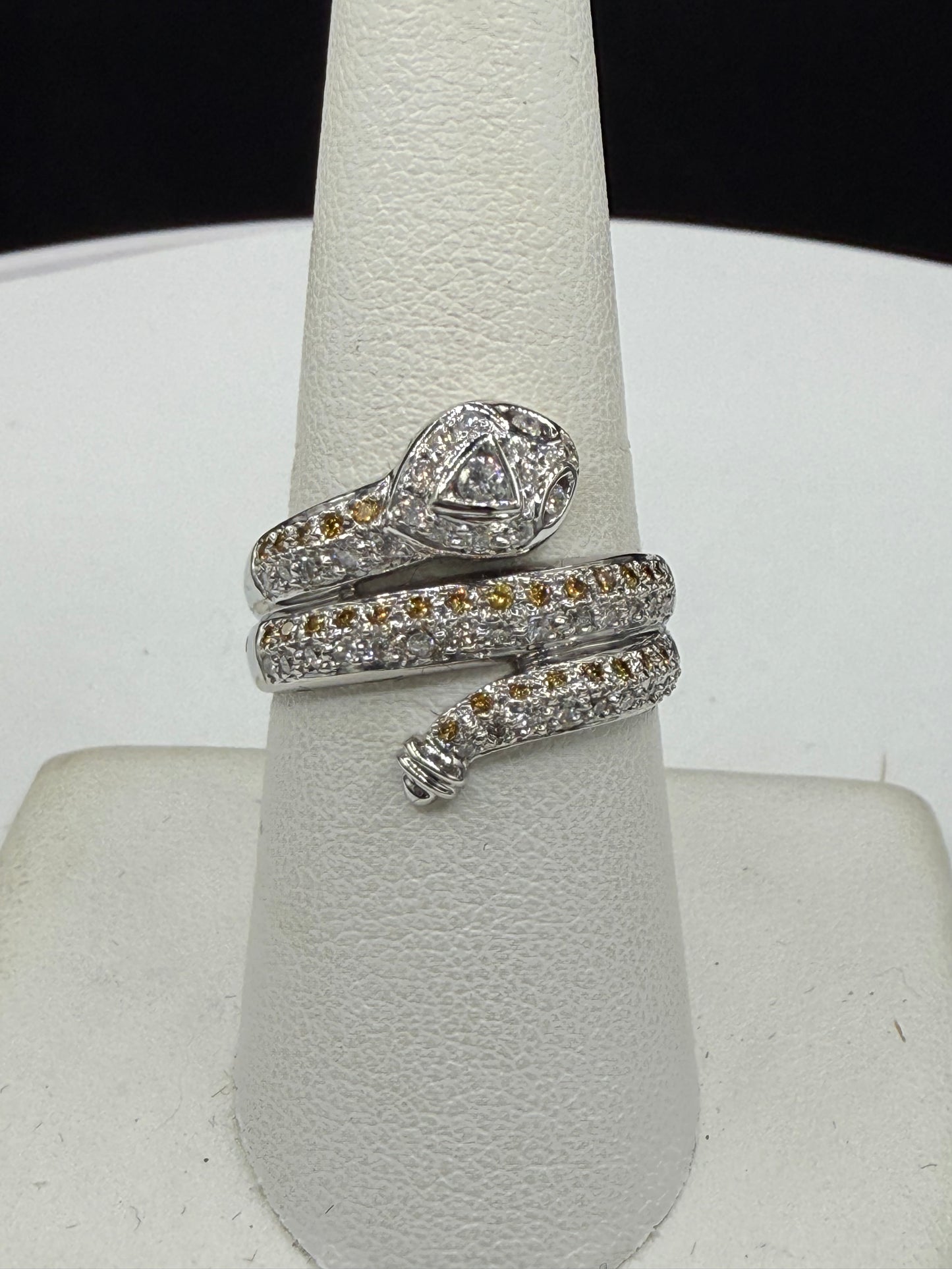 Vintage 18k White Gold Snake Ring | 0.50ct Yellow & White Diamond | Year of the Snake | Size 8