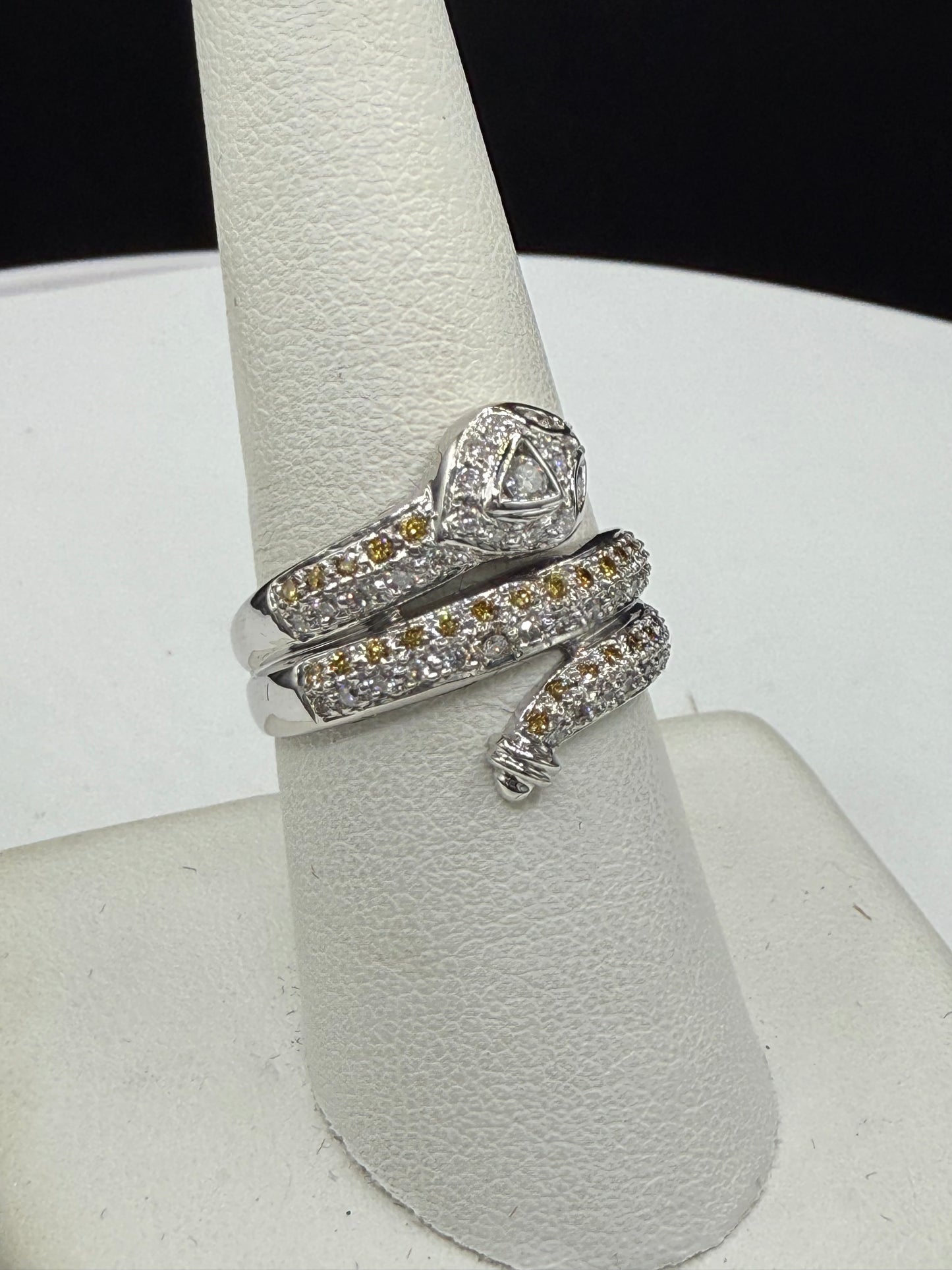 Vintage 18k White Gold Snake Ring | 0.50ct Yellow & White Diamond | Year of the Snake | Size 8