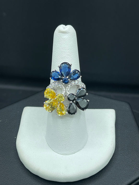 Multi Colored Cubic Zirconia Sterling Silver Glam Ring (Size 7.5)