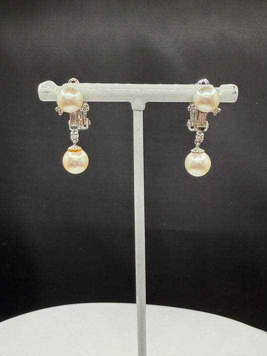 Antique 14k White Gold Cultured Pearl & Diamond Dangle Earrings