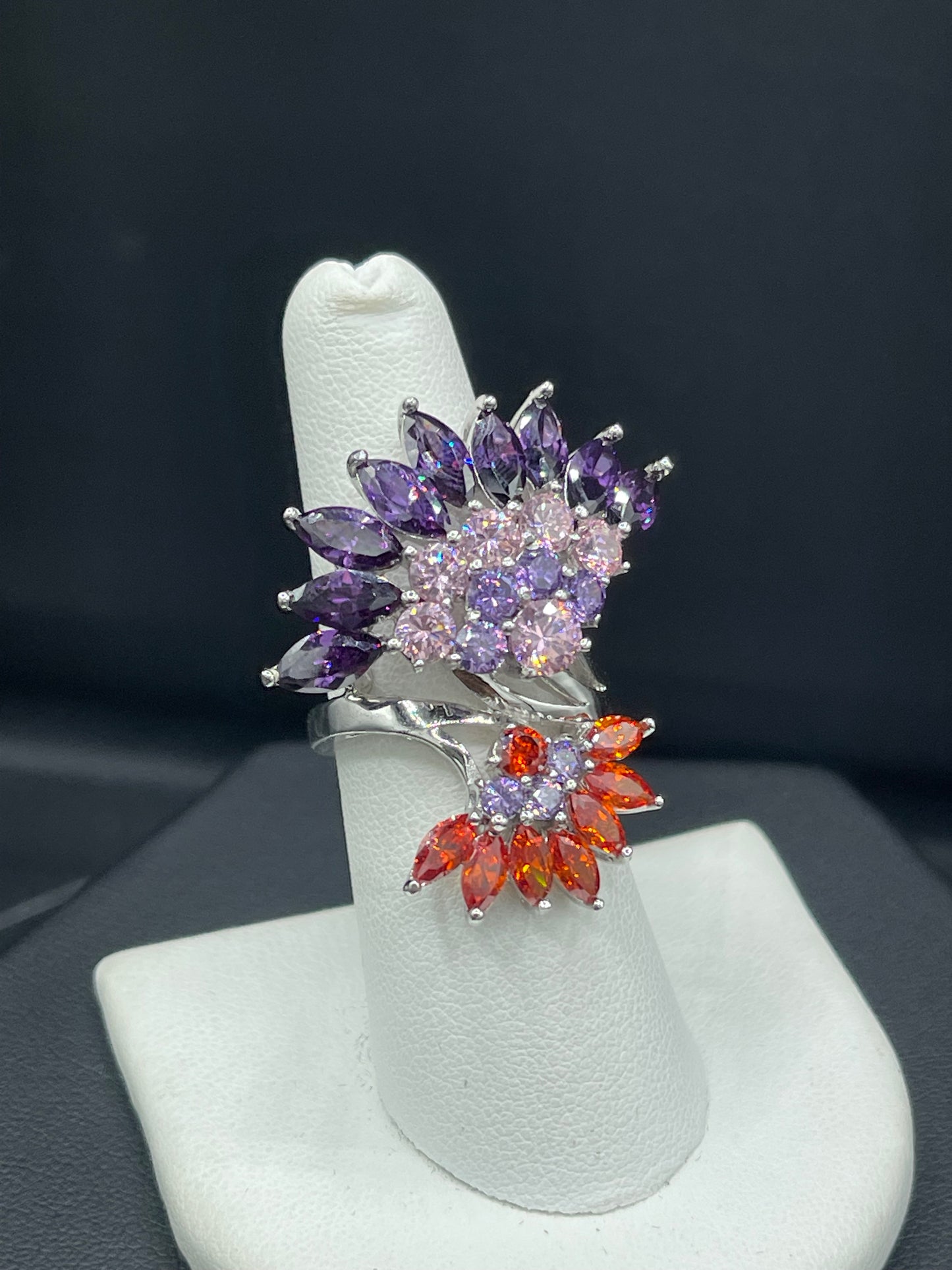 Peacock Feathered Cubic Zirconia Sterling Silver Glam Ring (Size 7)