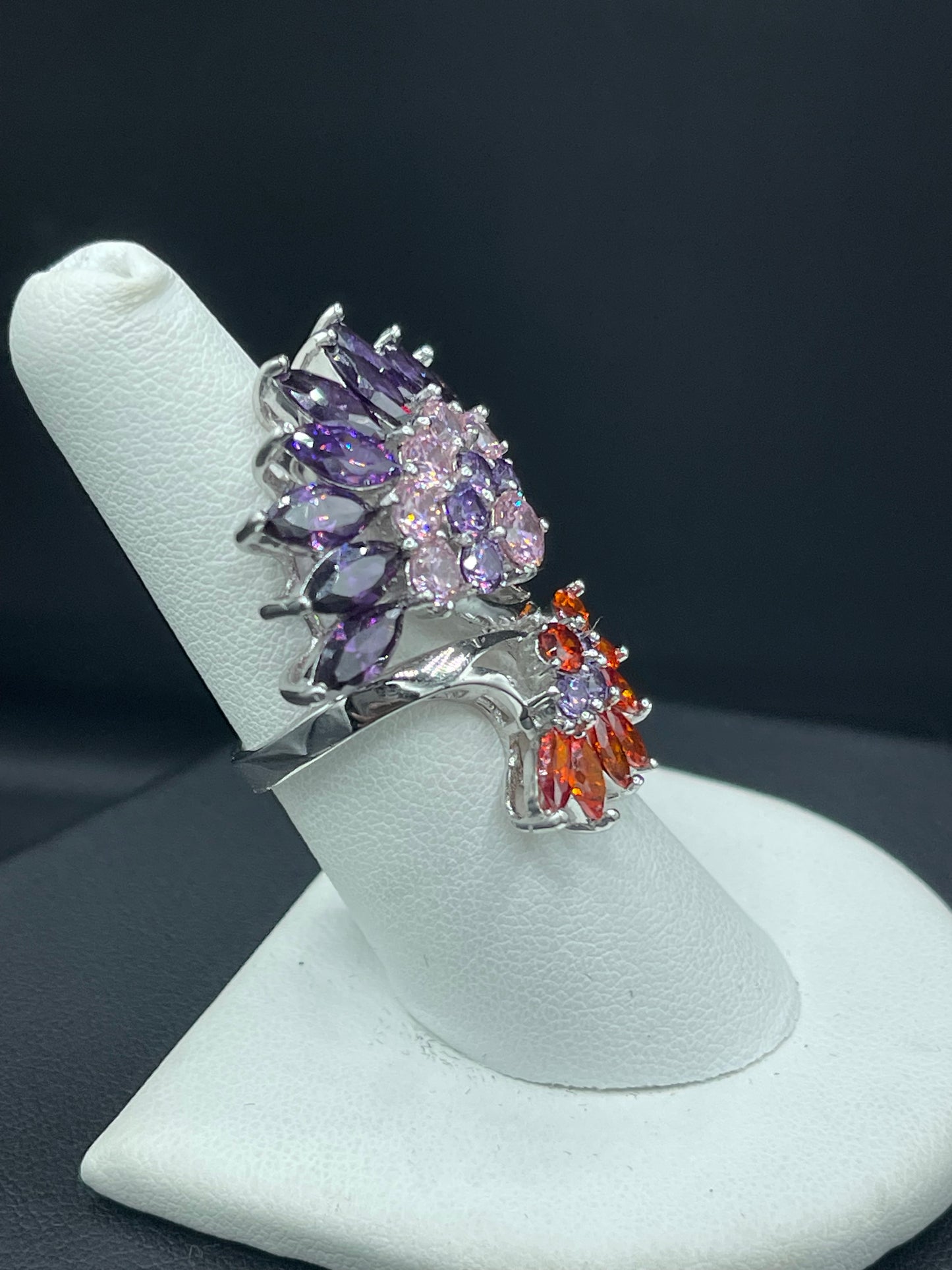 Peacock Feathered Cubic Zirconia Sterling Silver Glam Ring (Size 7)
