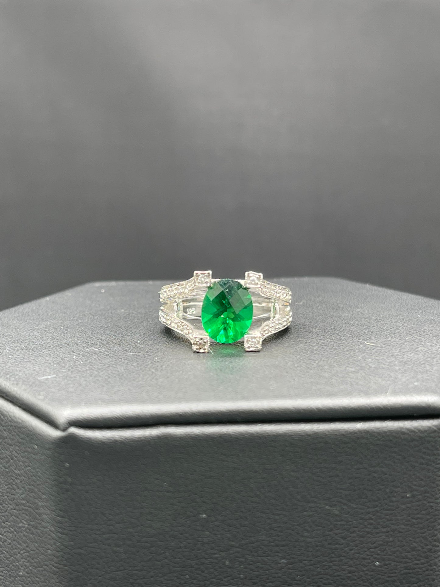 Lab Grown Emerald & Cubic Zirconia Sterling Silver Ring (Size 6.5)