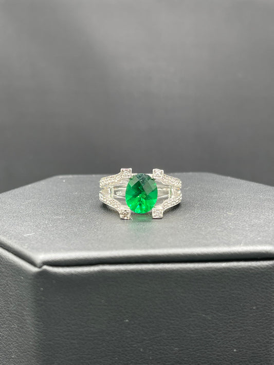 Lab Grown Emerald & Cubic Zirconia Sterling Silver Ring (Size 6.5)