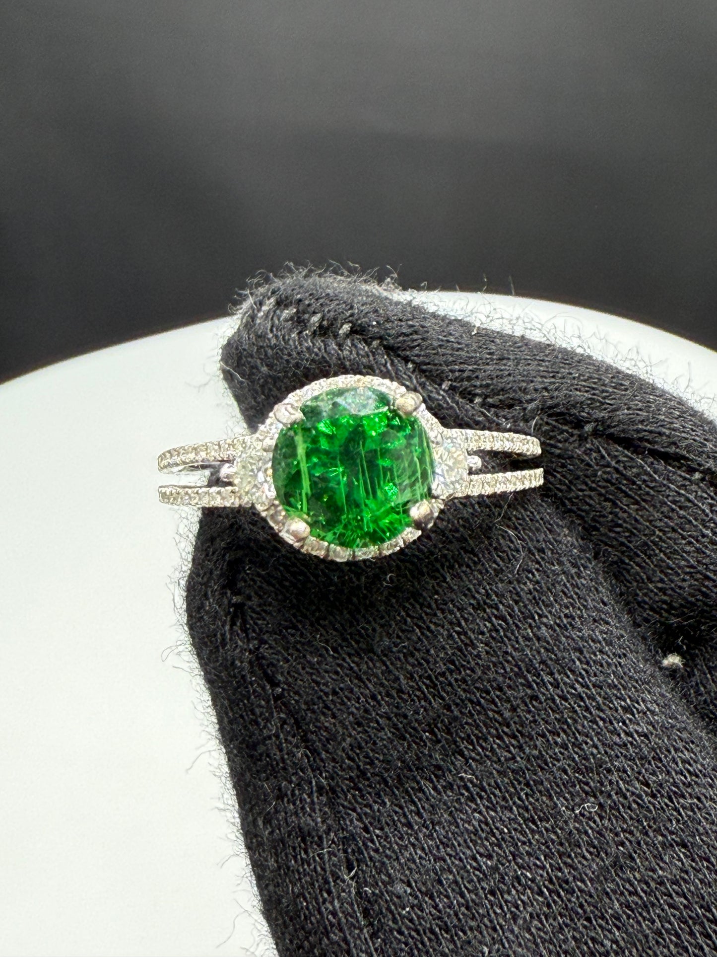 Natural Tsavorite Garnet & Diamond Ring in 14k White Gold, Size 7