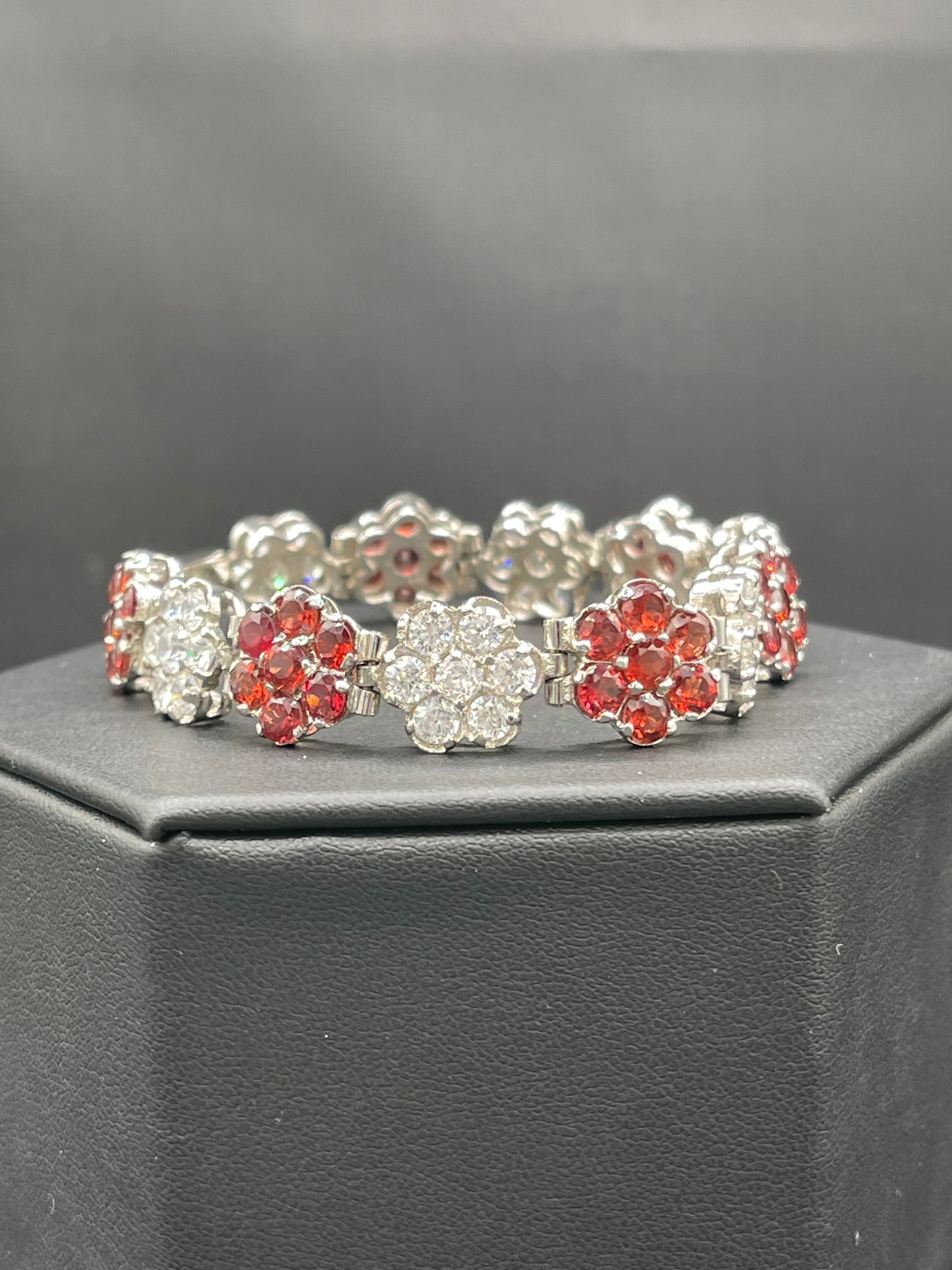 Natural Garnet & Cubic Zirconia Sterling Silver Floral Bracelet