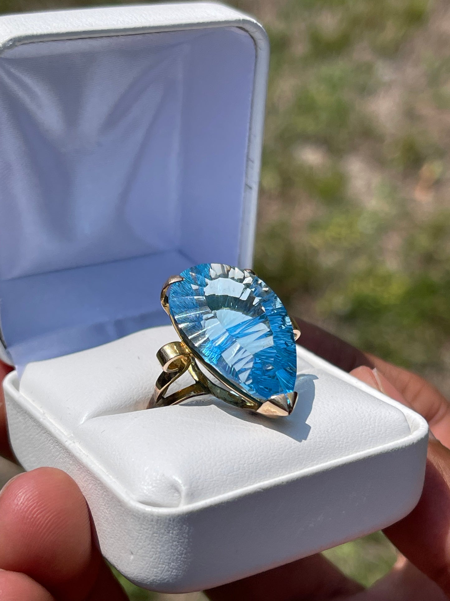 30.03 Carat Blue Topaz Custom Pear Cut 14k Yellow Gold Ring (Size 10)