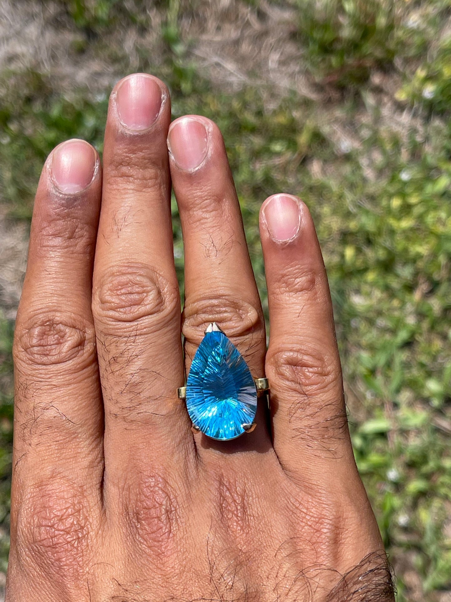 30.03 Carat Blue Topaz Custom Pear Cut 14k Yellow Gold Ring (Size 10)