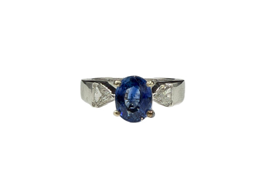 Natural Blue Sapphire & Diamond 14k White Gold Ring (Size 7)
