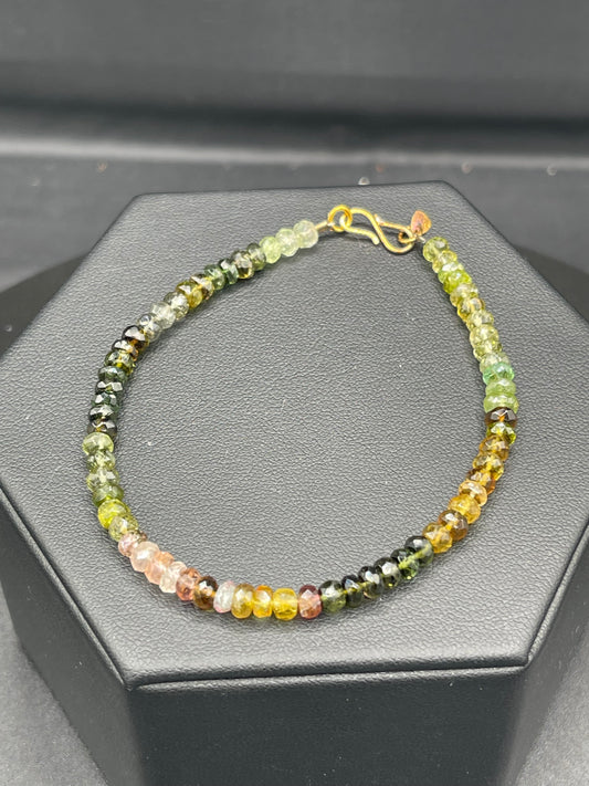 Natural Multi Color Tourmaline 18k Gold Clasp Beaded Bracelet