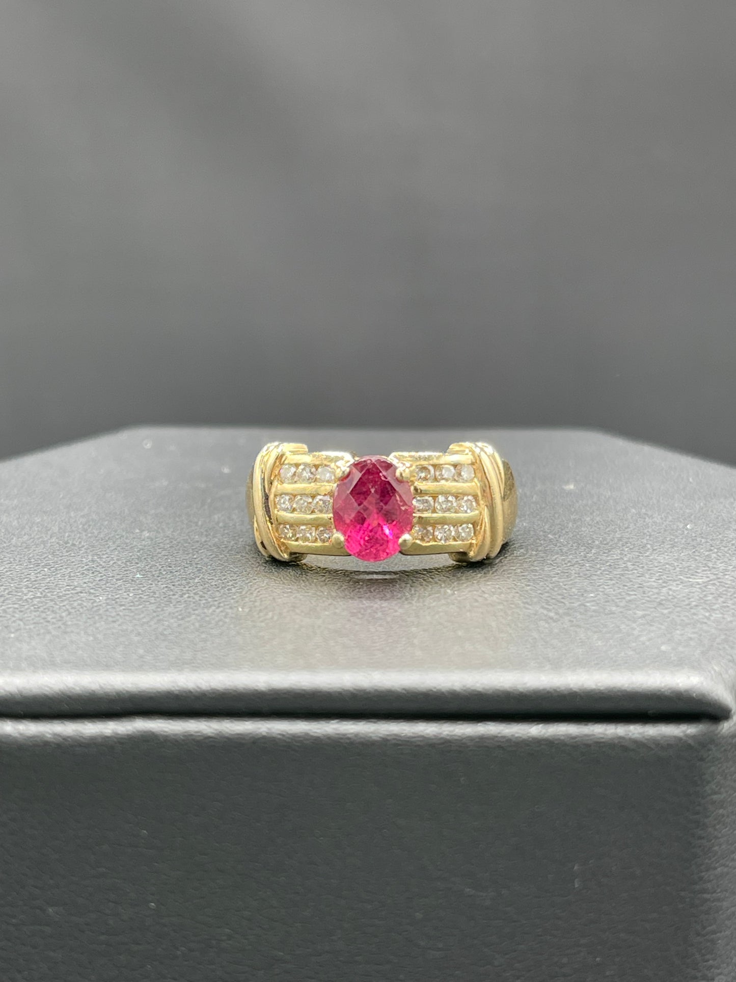 Natural Rubellite Tourmaline & Diamond 14k Yellow Gold Ring (Size 8.5)