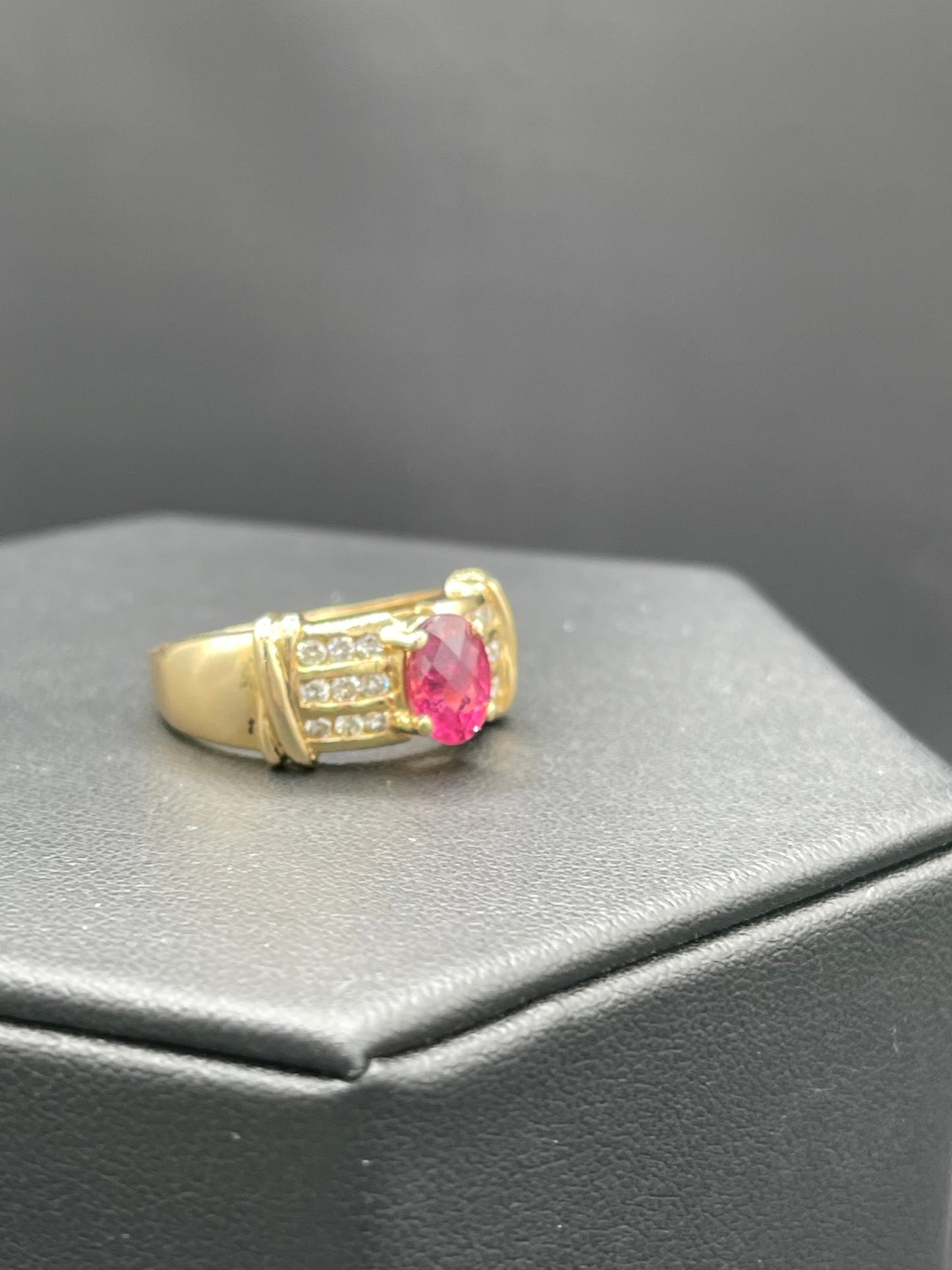Natural Rubellite Tourmaline & Diamond 14k Yellow Gold Ring (Size 8.5)