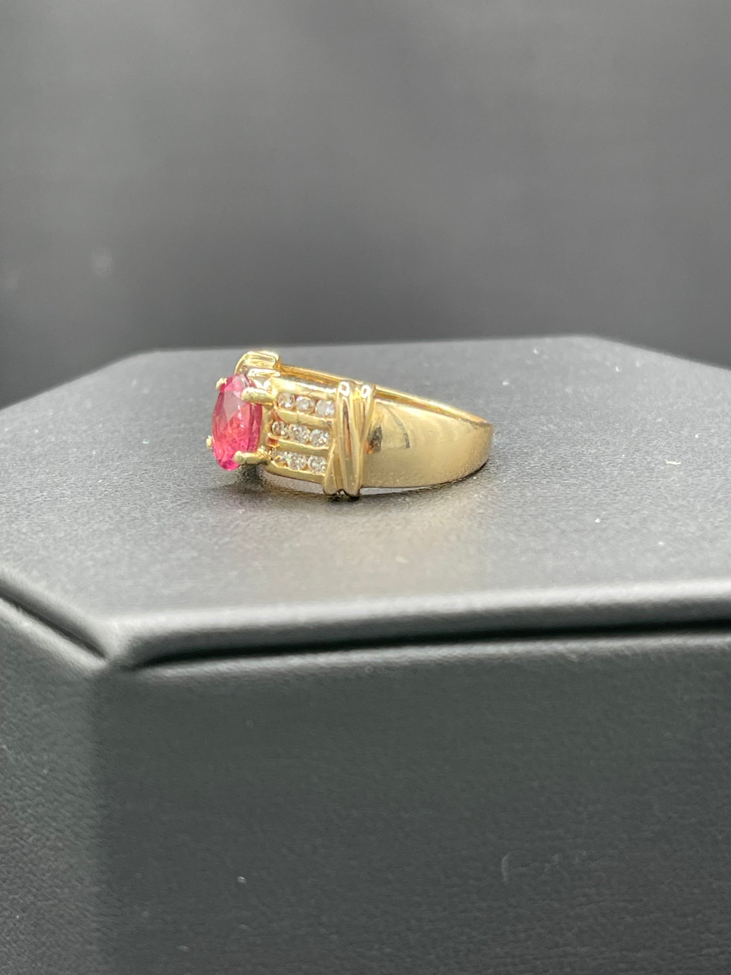 Natural Rubellite Tourmaline & Diamond 14k Yellow Gold Ring (Size 8.5)